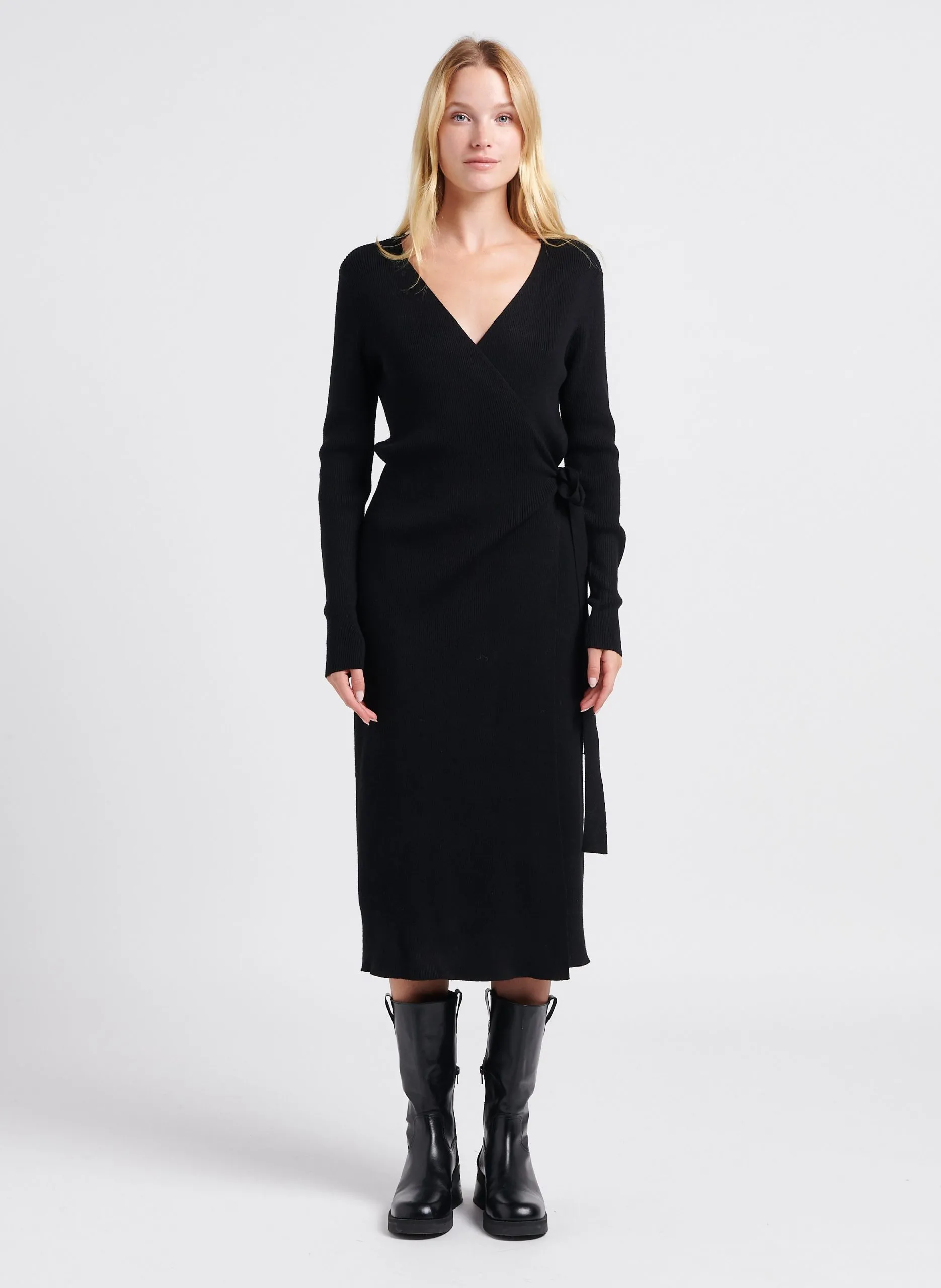 Long gilet ceinturé en maille côtelée Noir COMFY