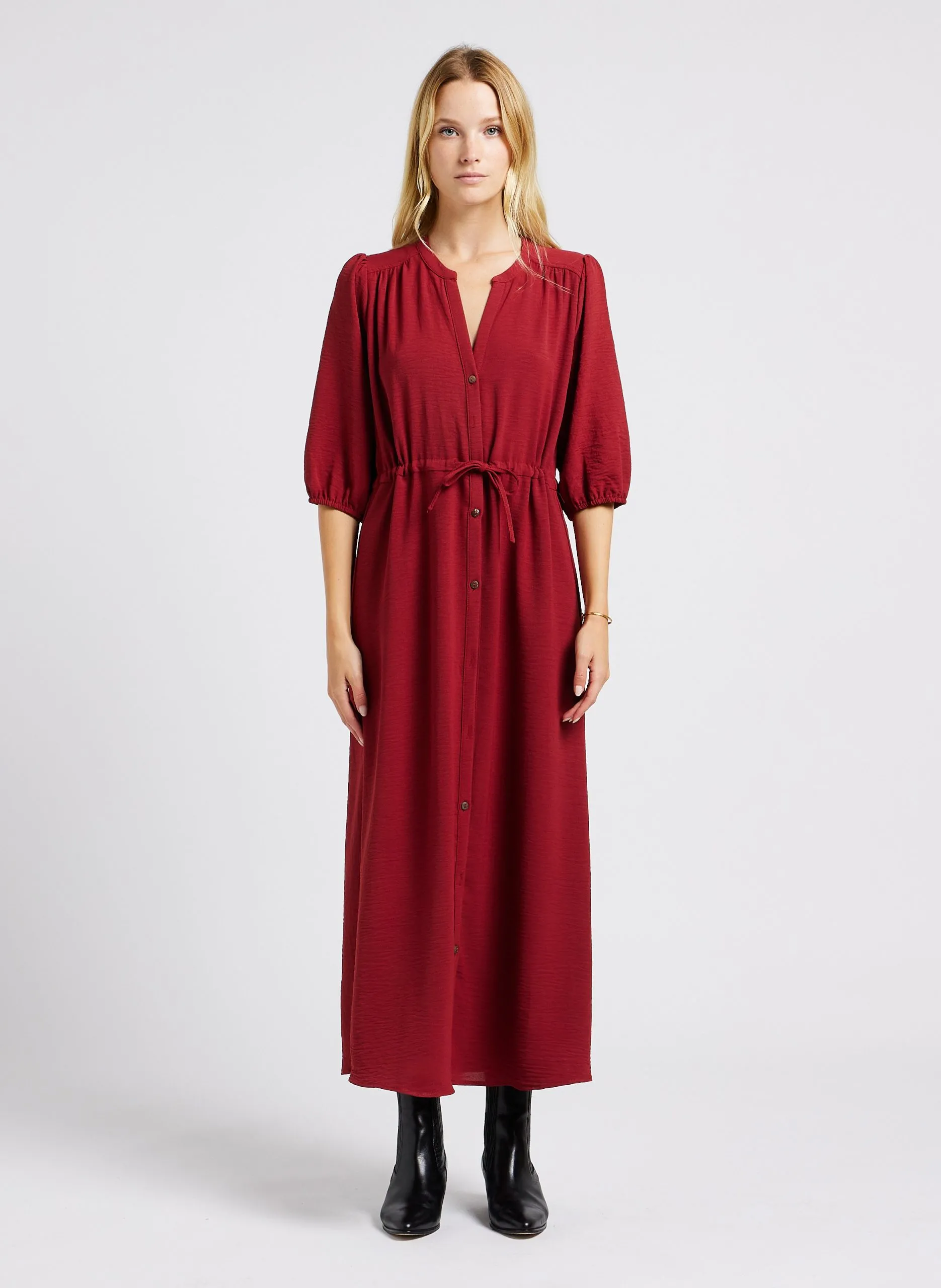 Robe longue col tunisien Marron LAURENCE