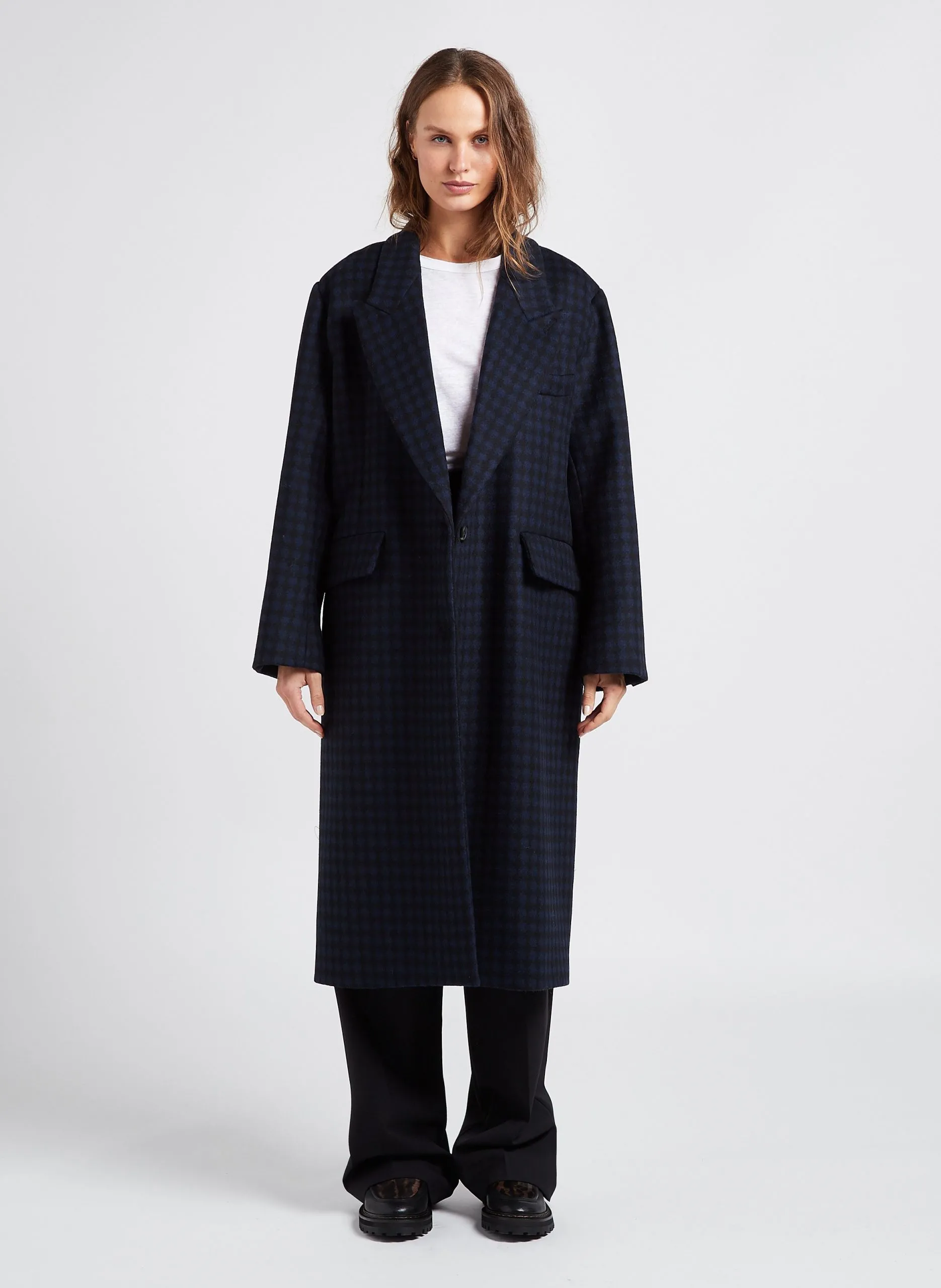 Manteau long col tailleur à pois en laine mélangée Bleu BERRY