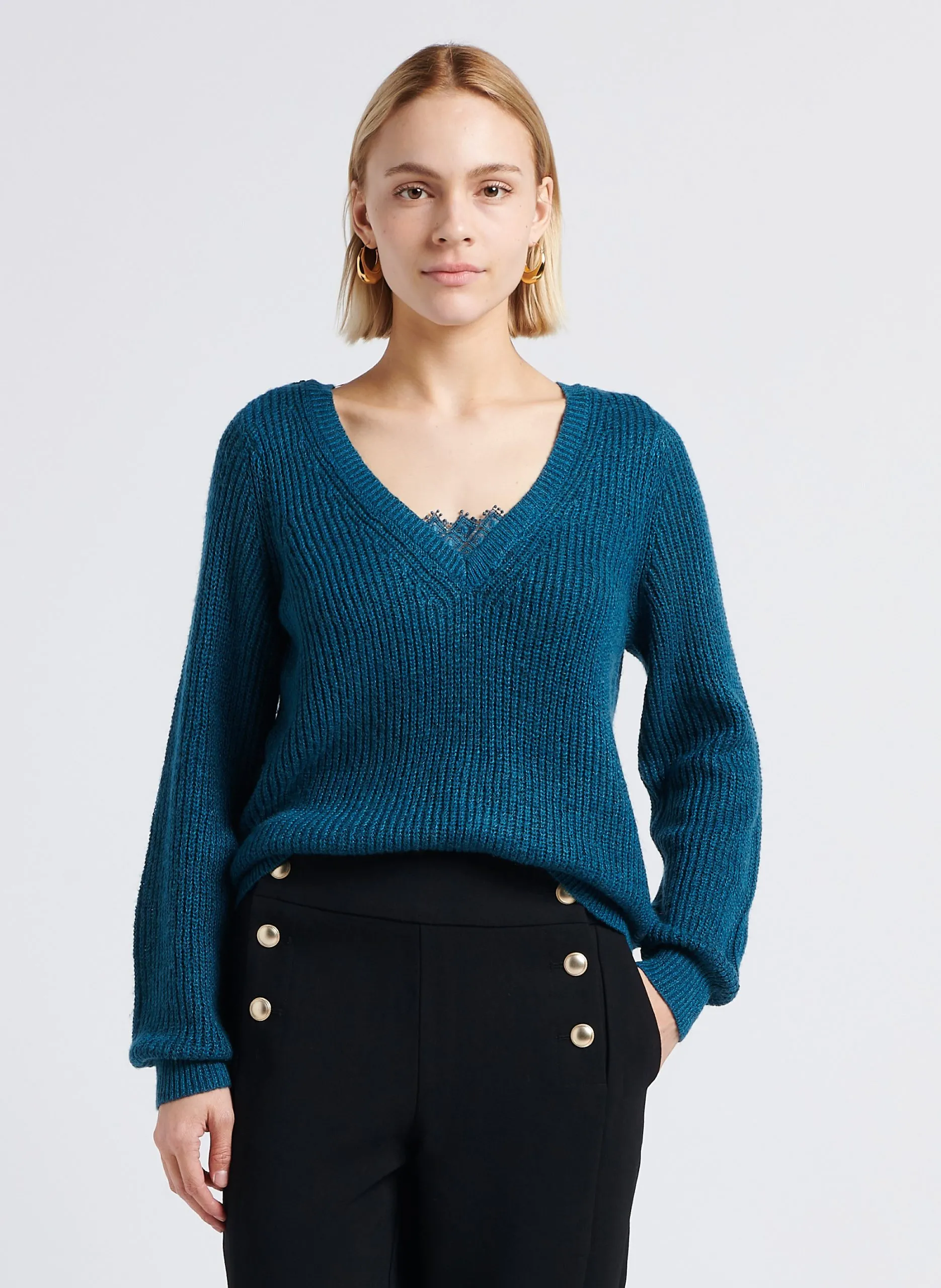 Pull droit col v en maille Bleu DEBRA