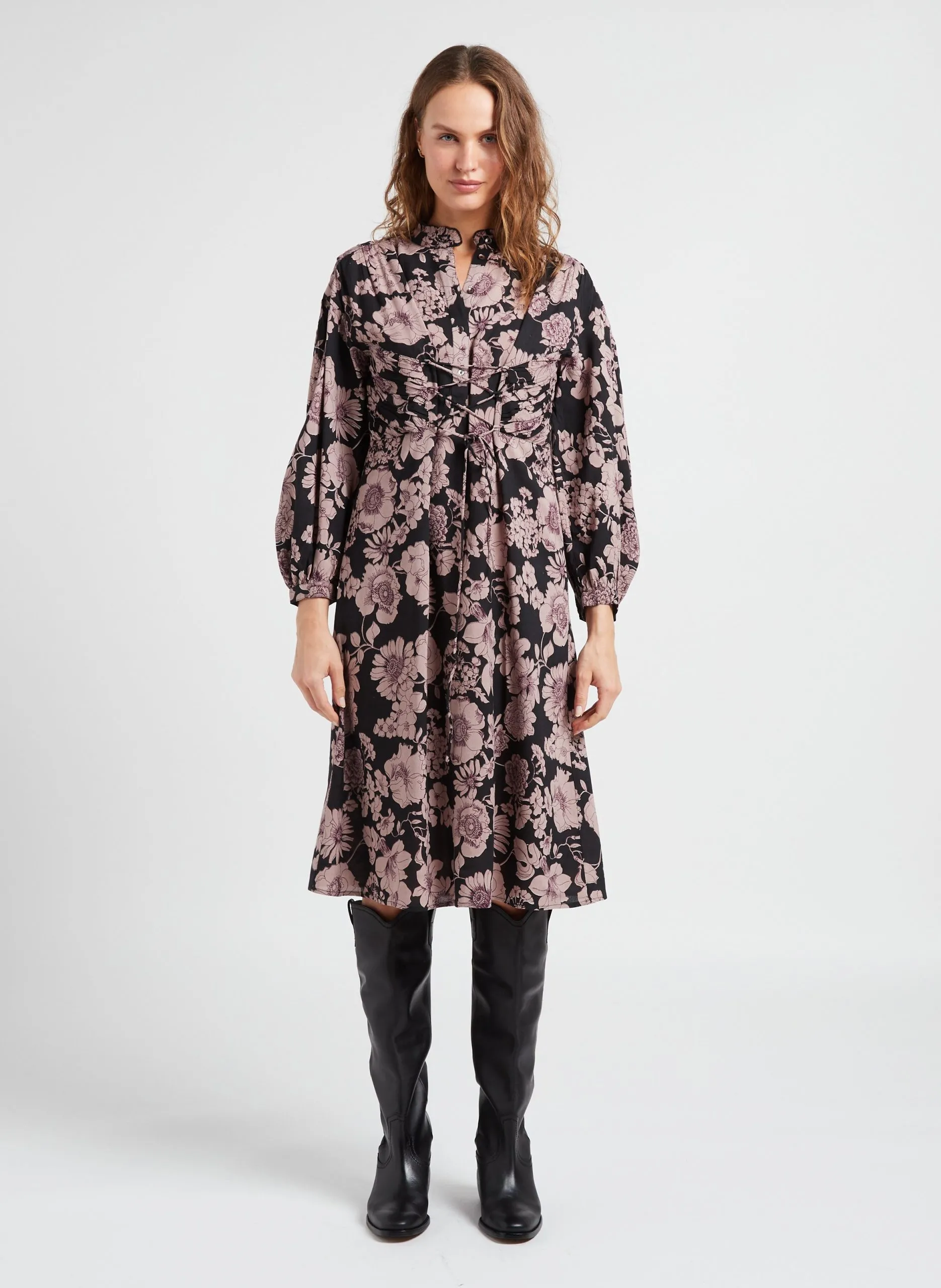 Robe mi-longue col rond à imprimé floral Noir LEONIE