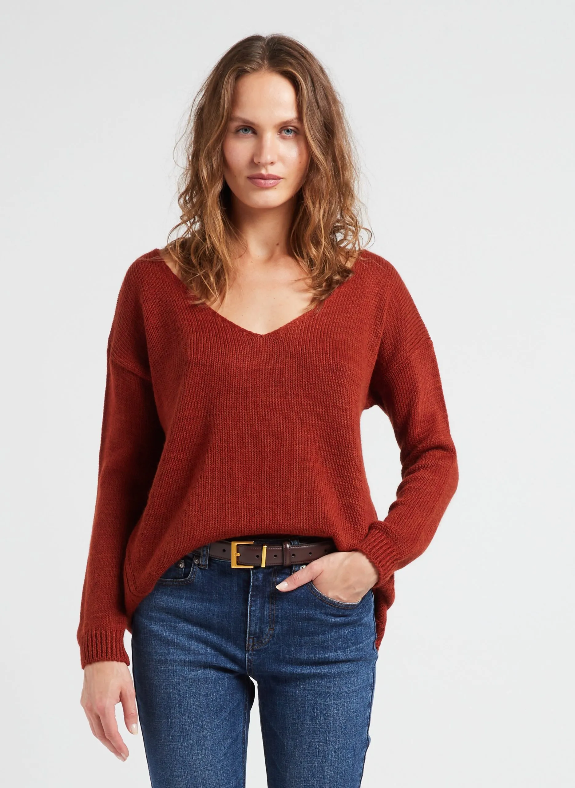 Pull col V en maille mélangée Orange