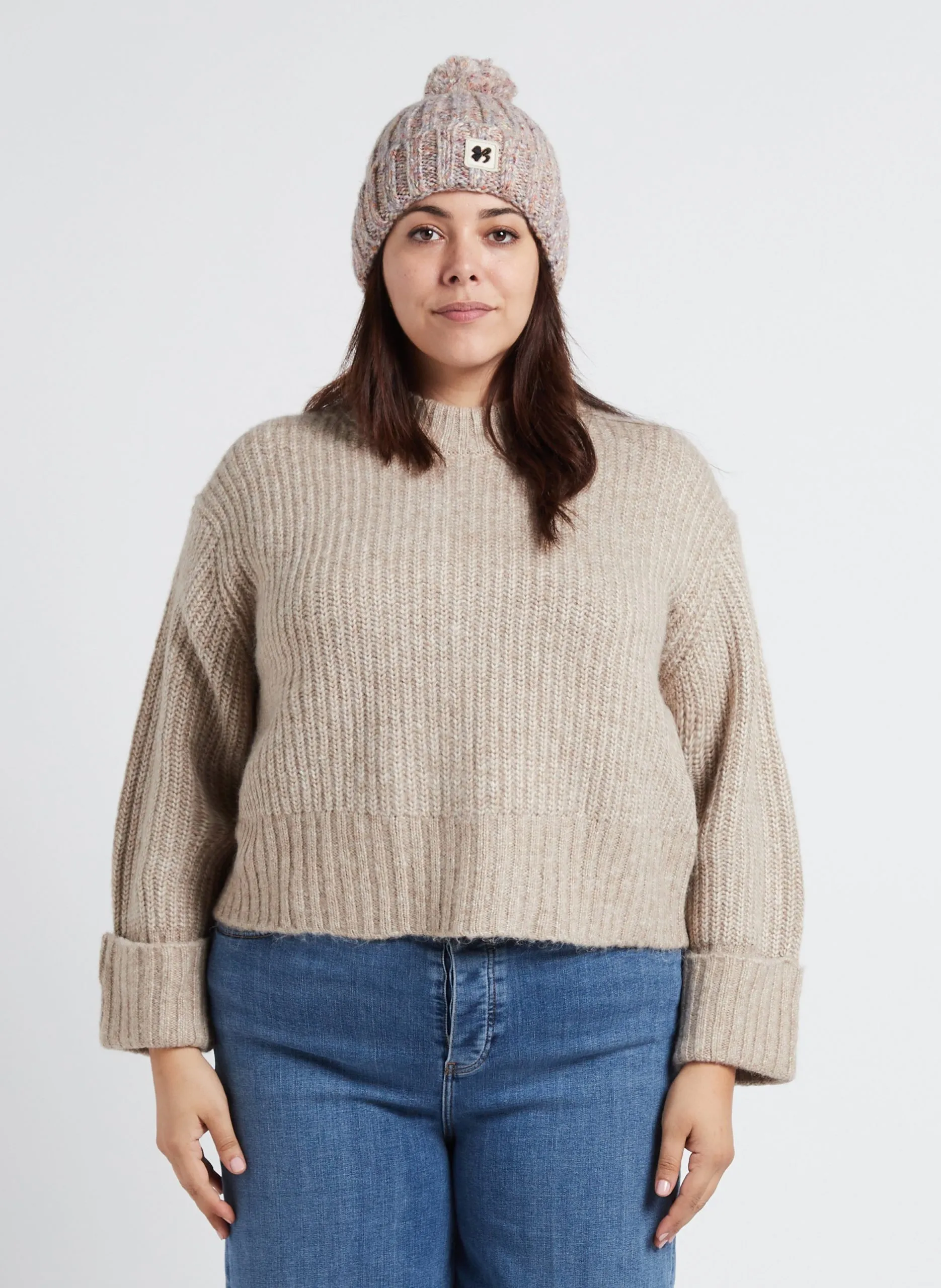 Pull ample col rond en maille mélangée Beige