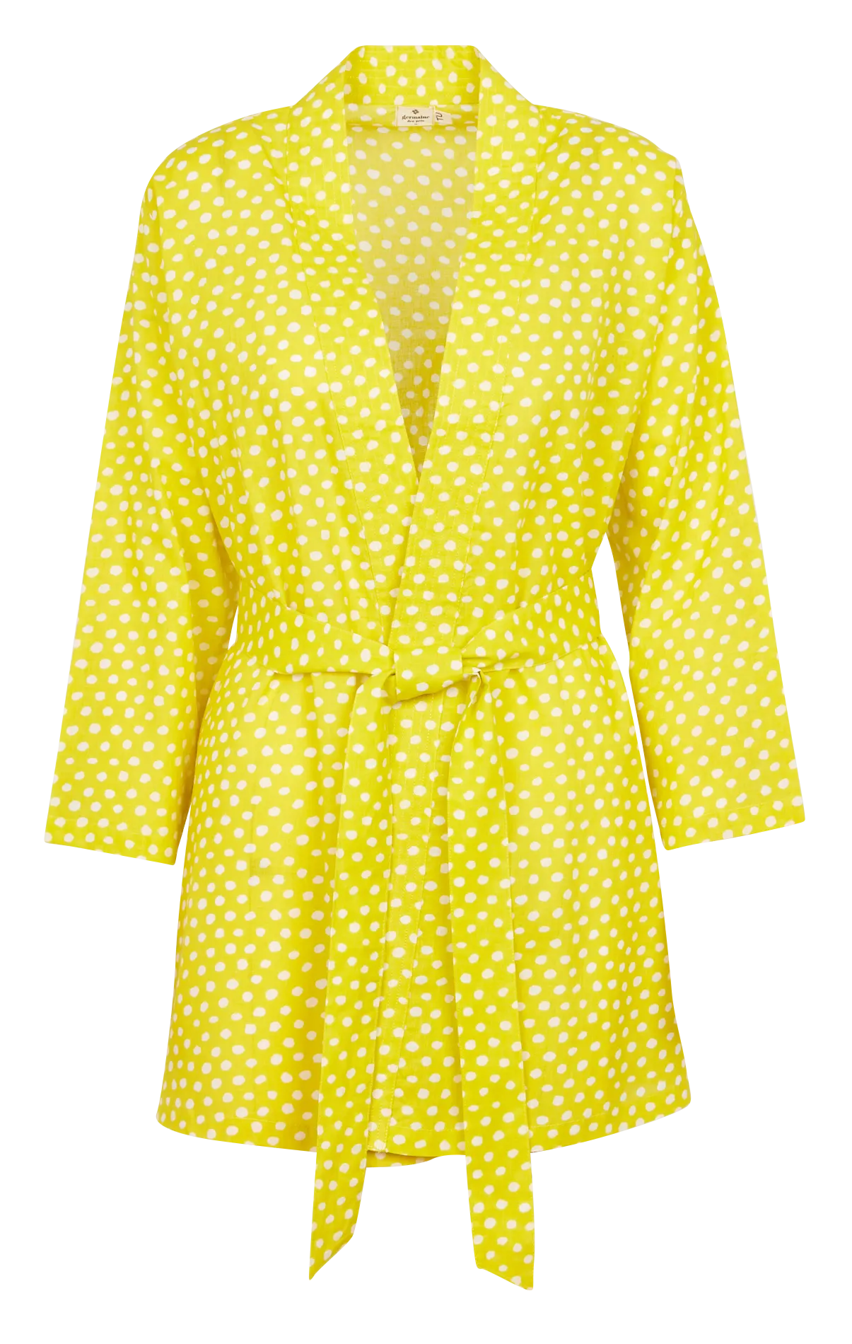 Kimono droit col châle en coton à pois Jaune