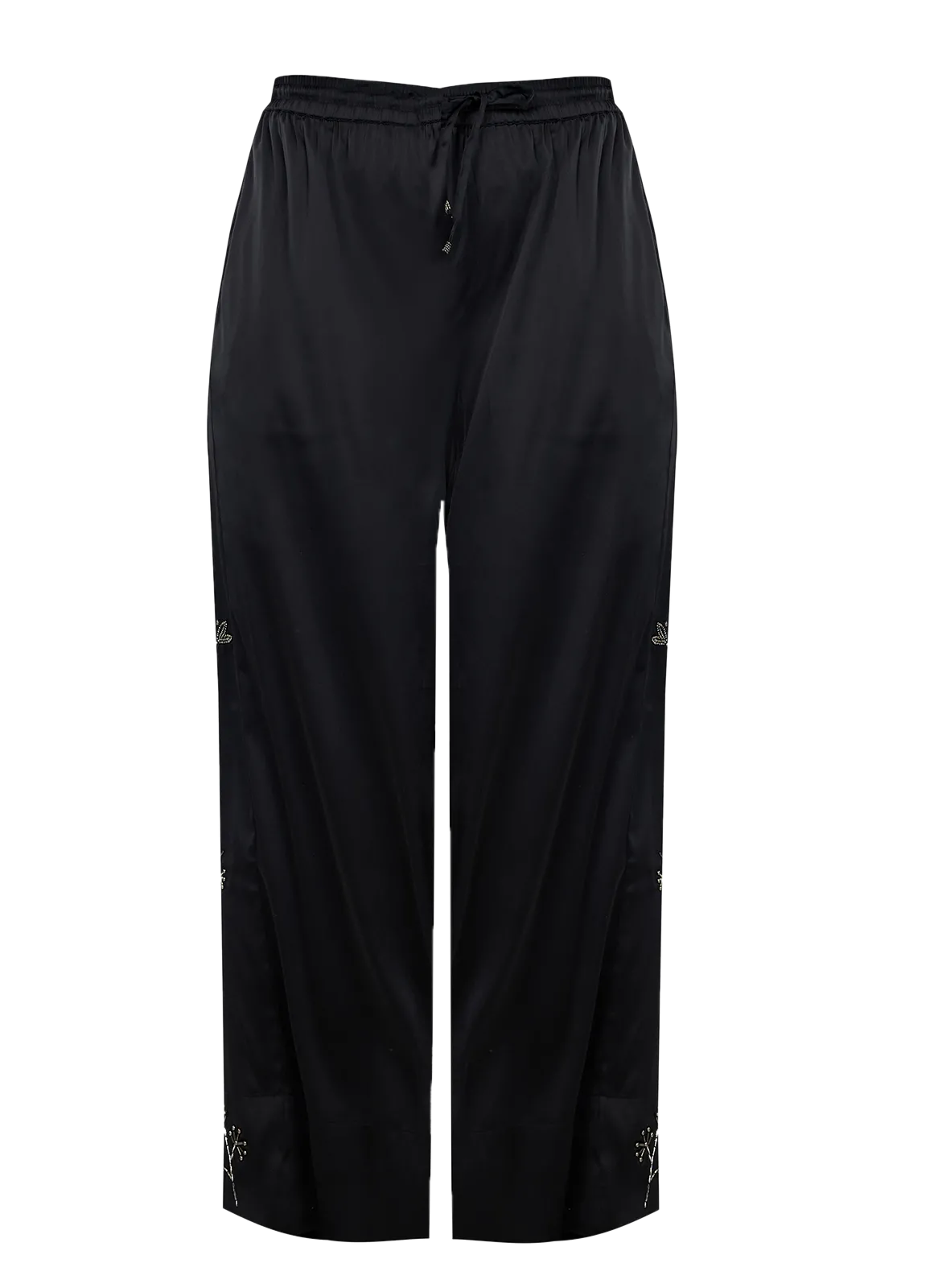 Pantalon droit satiné à motifs brodés Noir