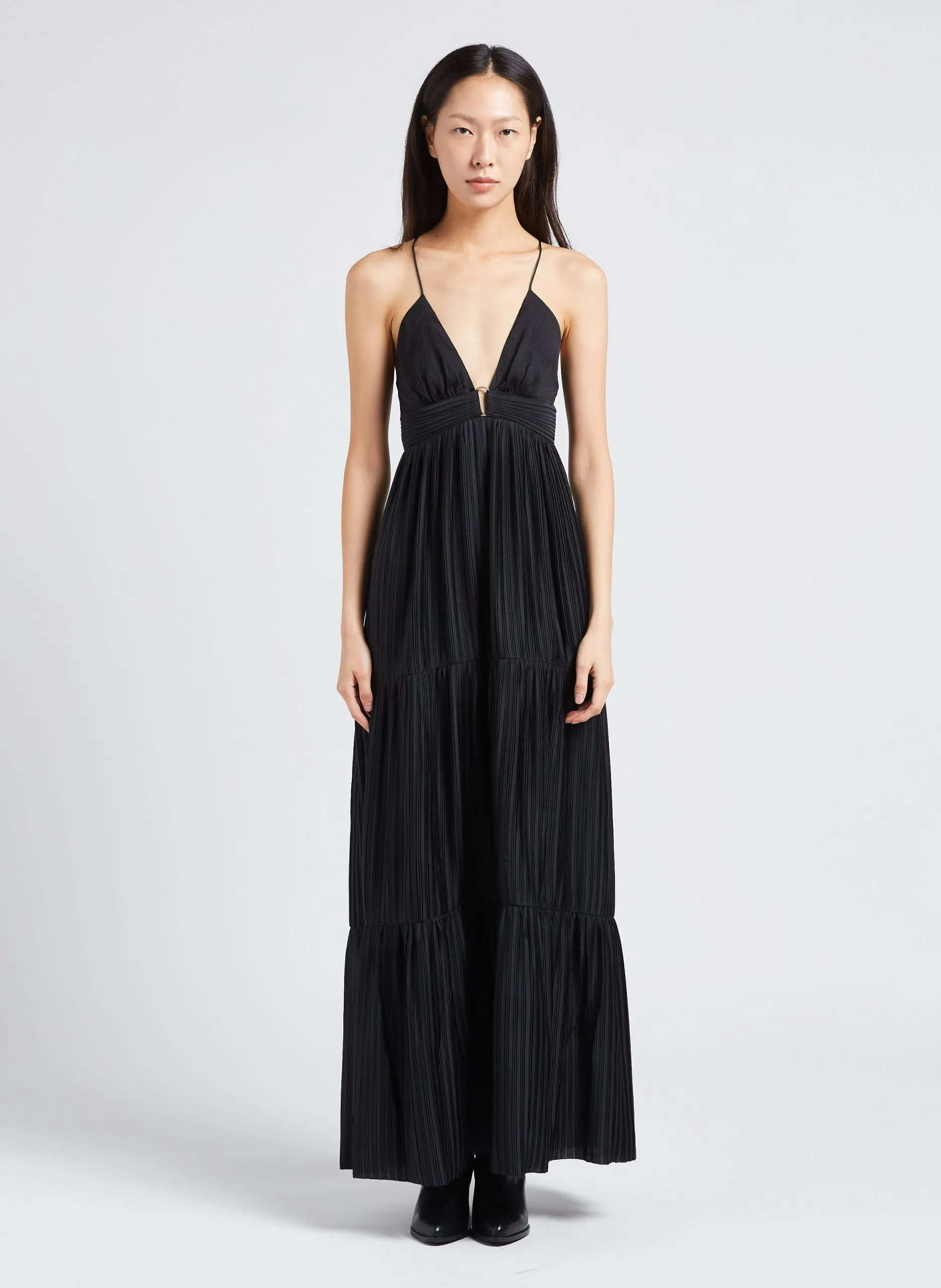 Robe longue col V plissée Noir WASTA