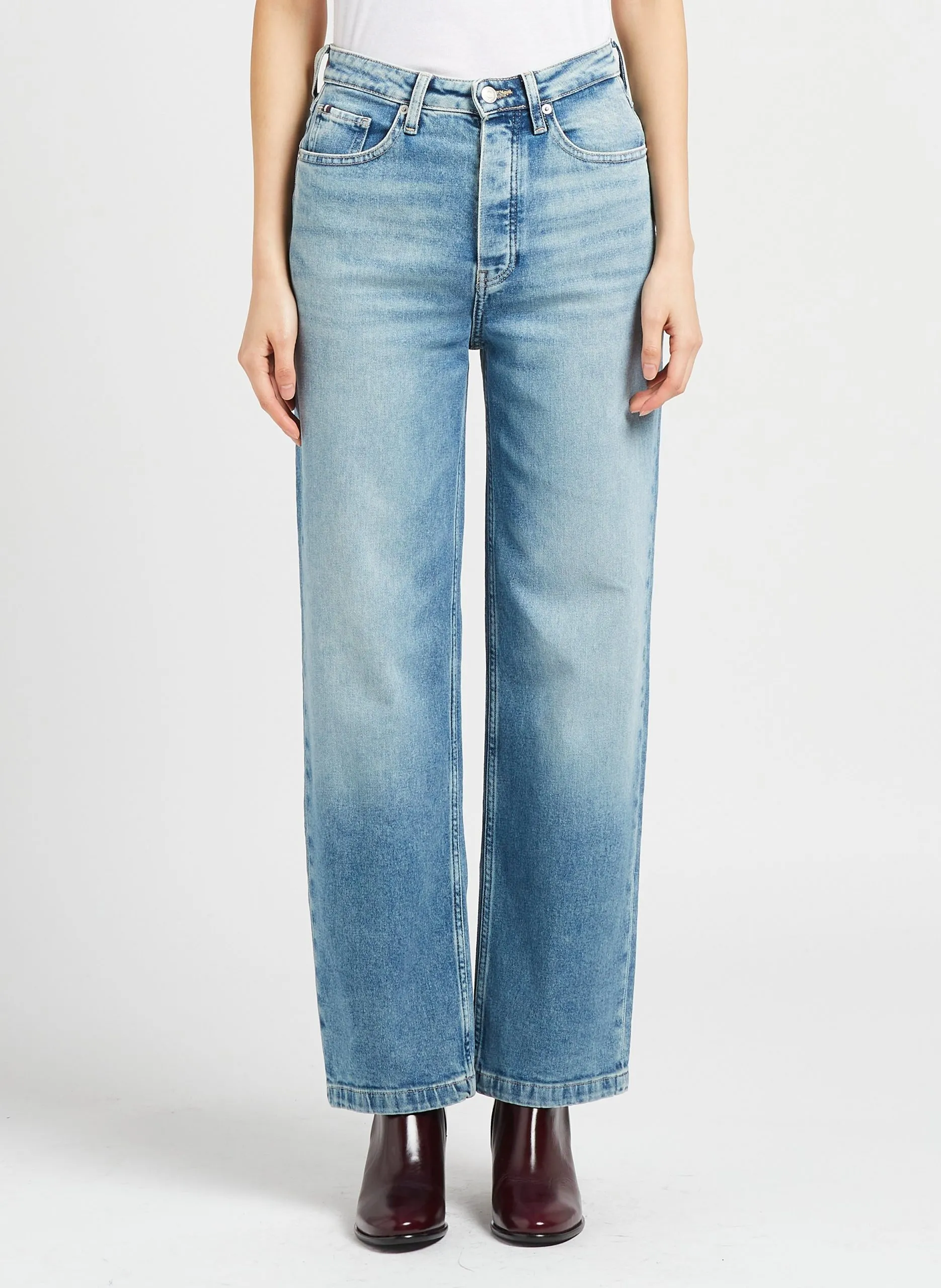 Jean droit taille haute en coton mélangé Bleu