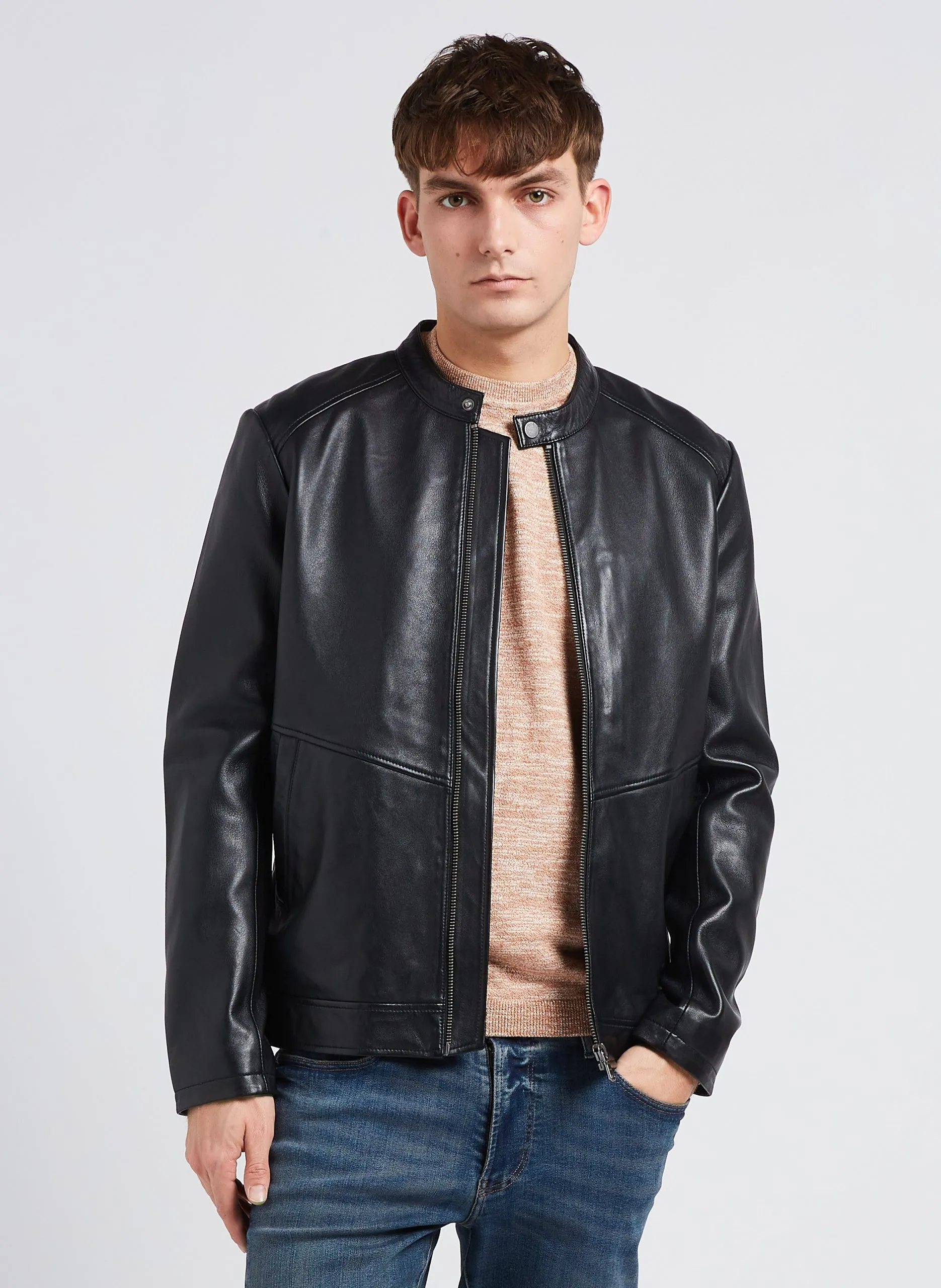 Blouson col officier en cuir Noir