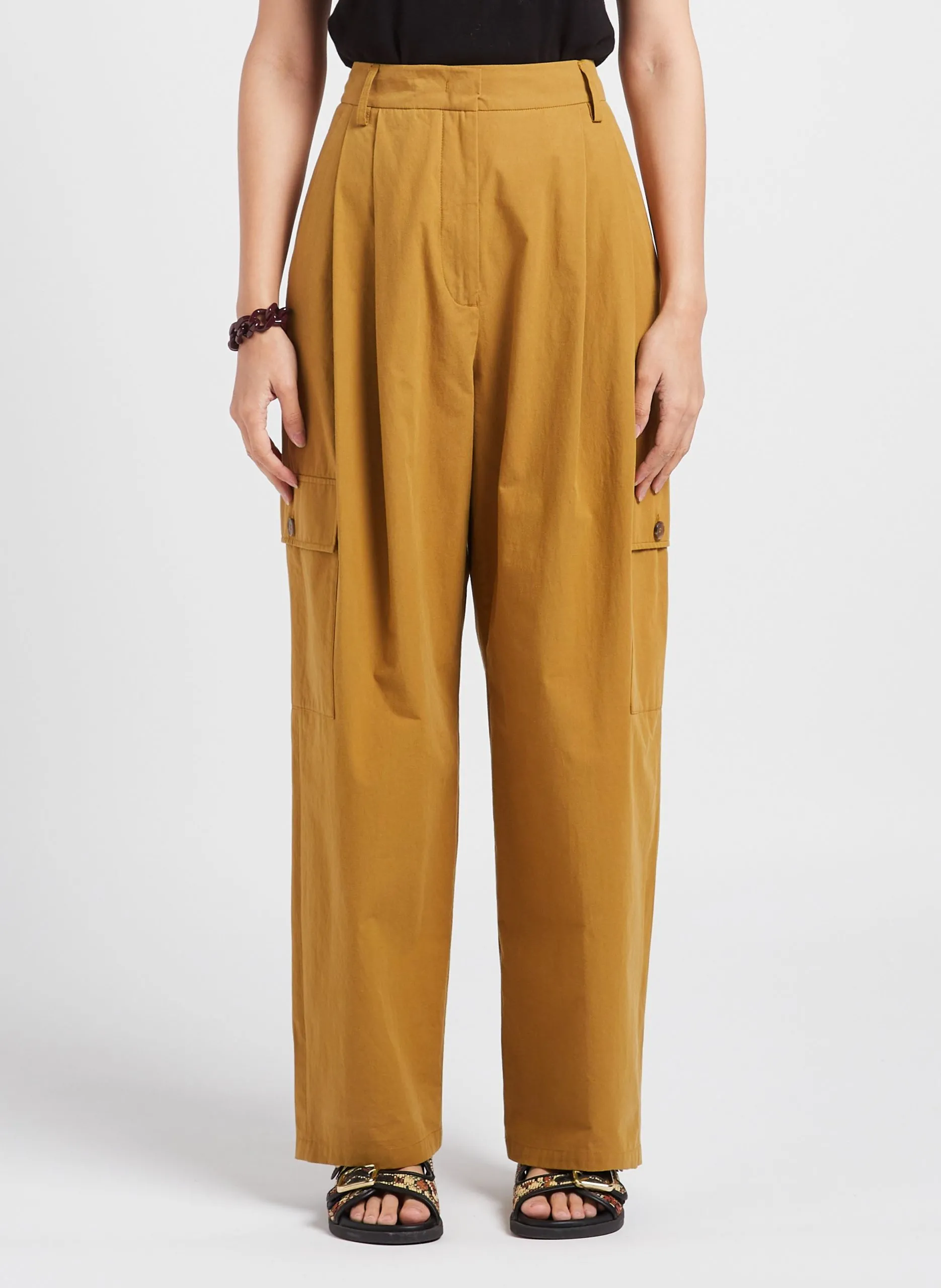 Pantalon cargo large taille haute en coton Kaki FAYETTE