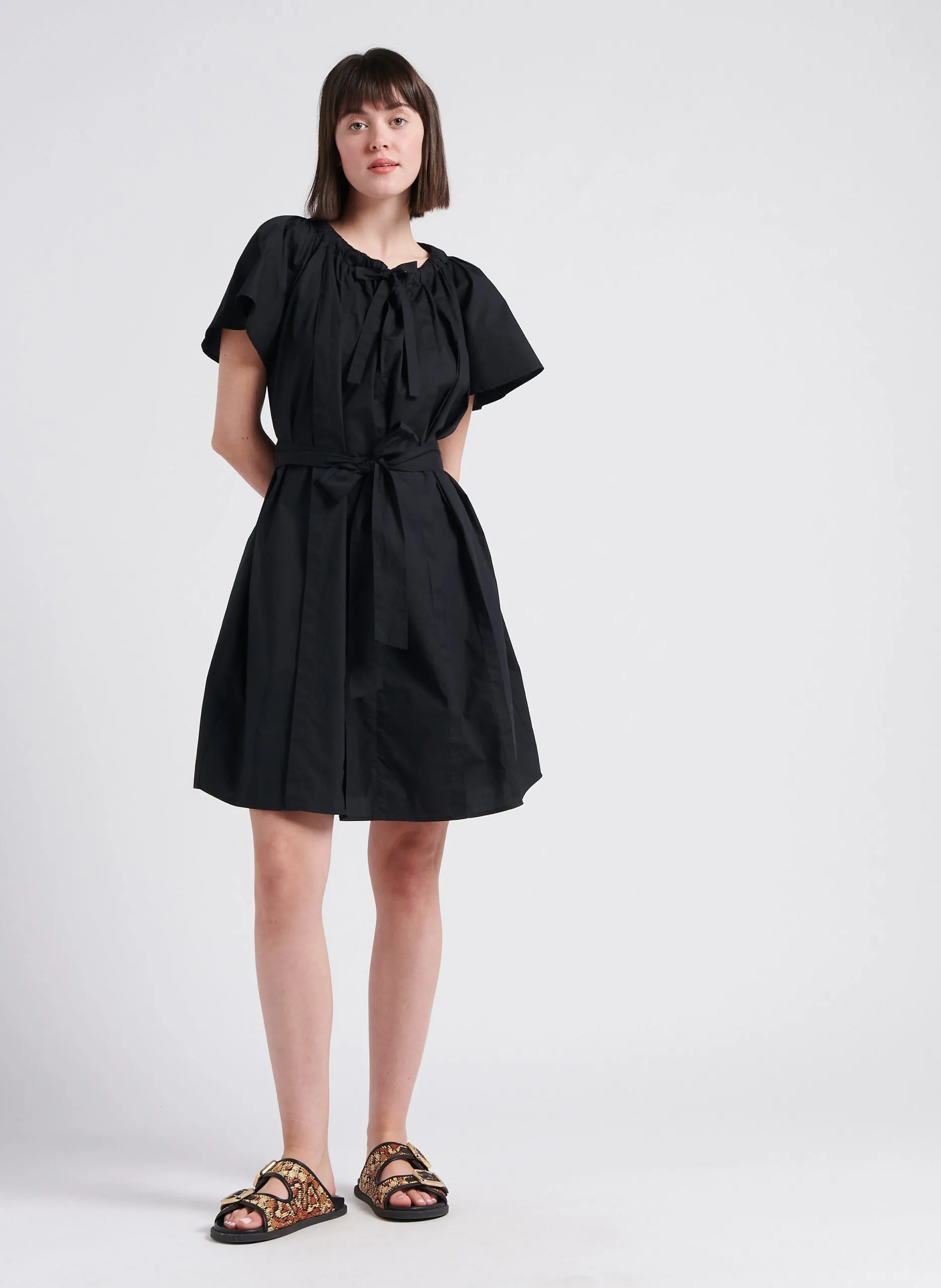 Robe courte ample col V en coton Noir CALLA