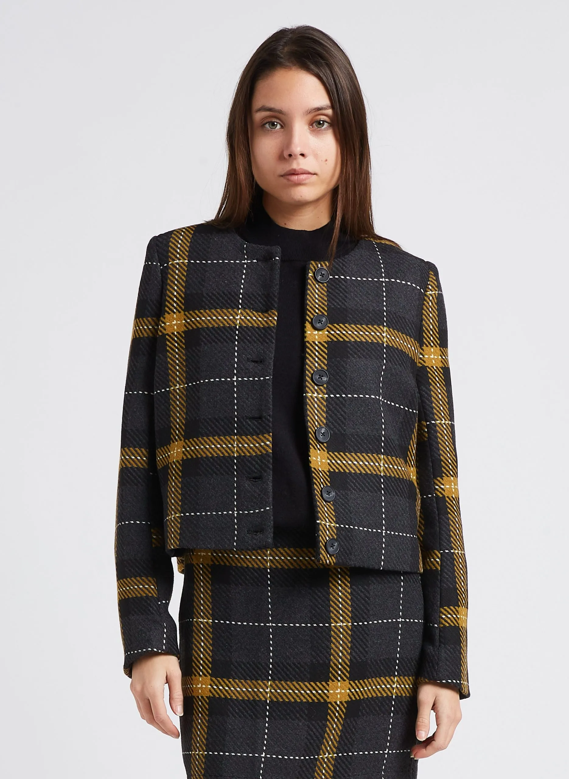 Veste courte col rond à carreaux Noir LILLAS