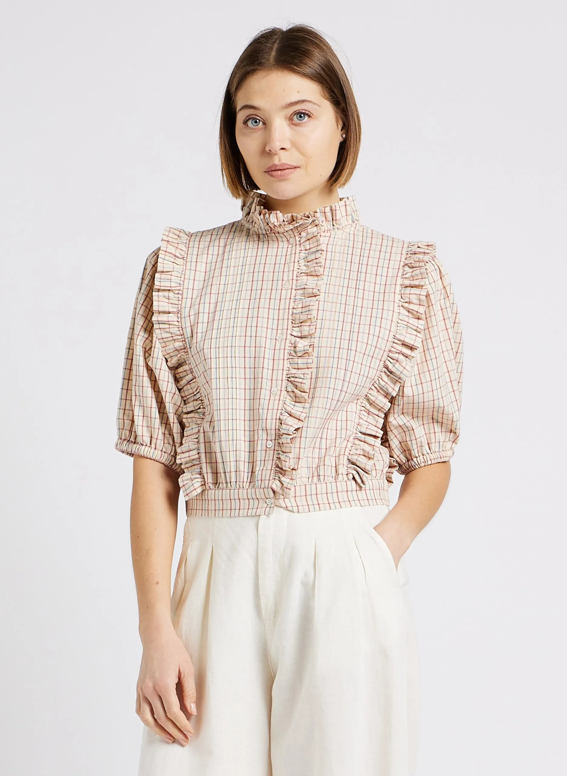 Blouse droite col victorien en coton imprimé Multicolore ZOLIA