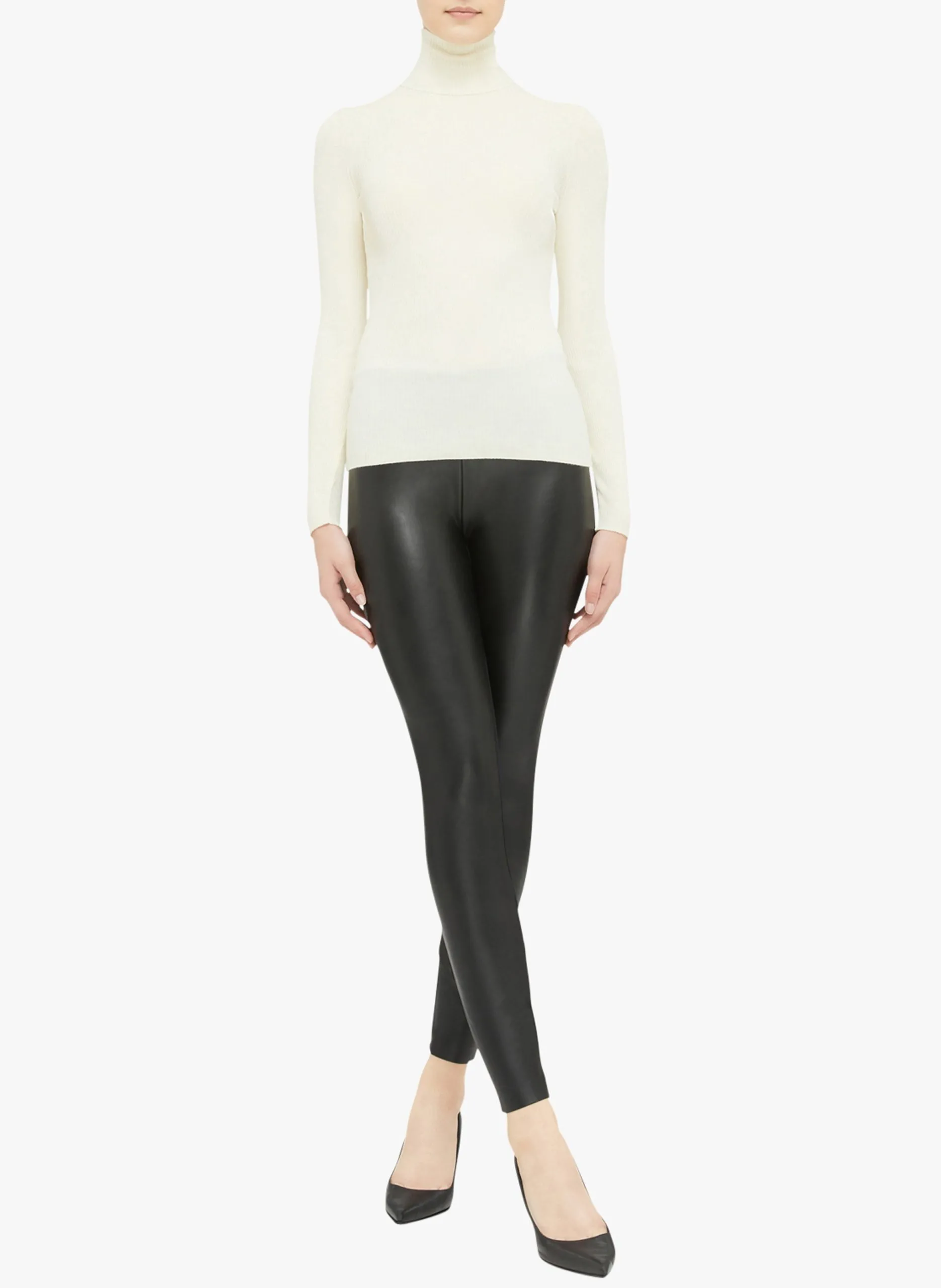 Pull col roulé côtelé en laine Beige Merino Fine Rib Pullover