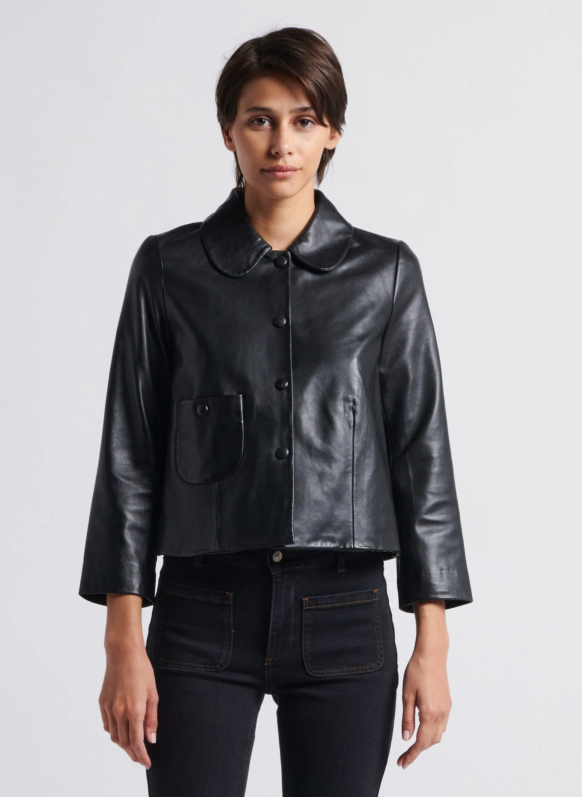 Veste courte col claudine en cuir Noir MYLOS