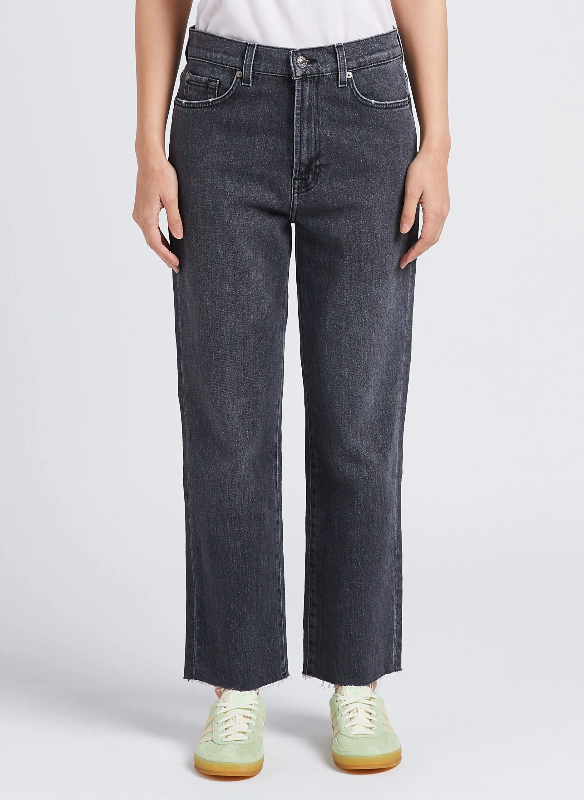 Jean droit taille haute en coton mélangé Gris LOGAN