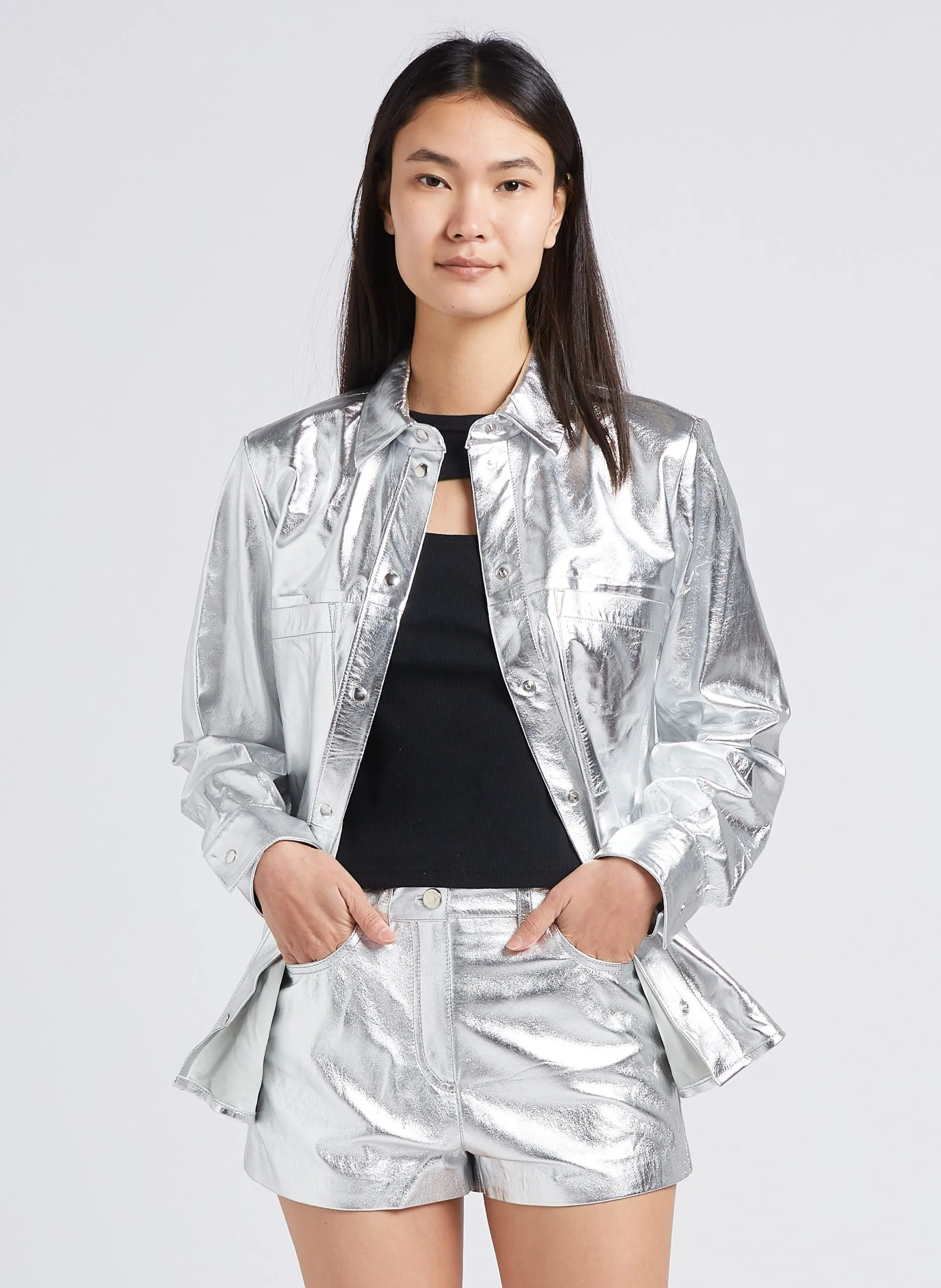 Surchemise droite col classique en cuir Argent NAZIL