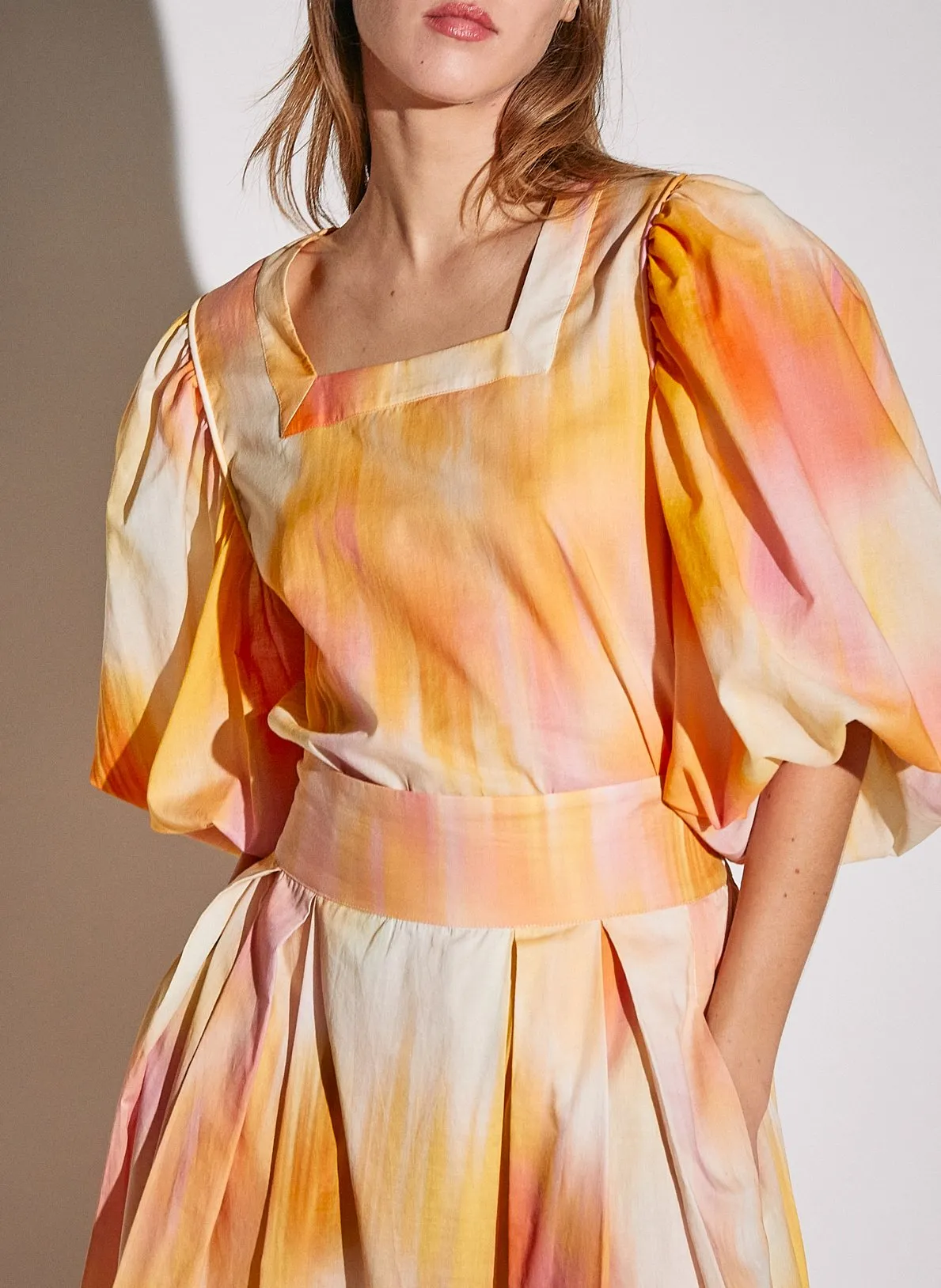 Top col carré imprimé en coton Orange PEGGY