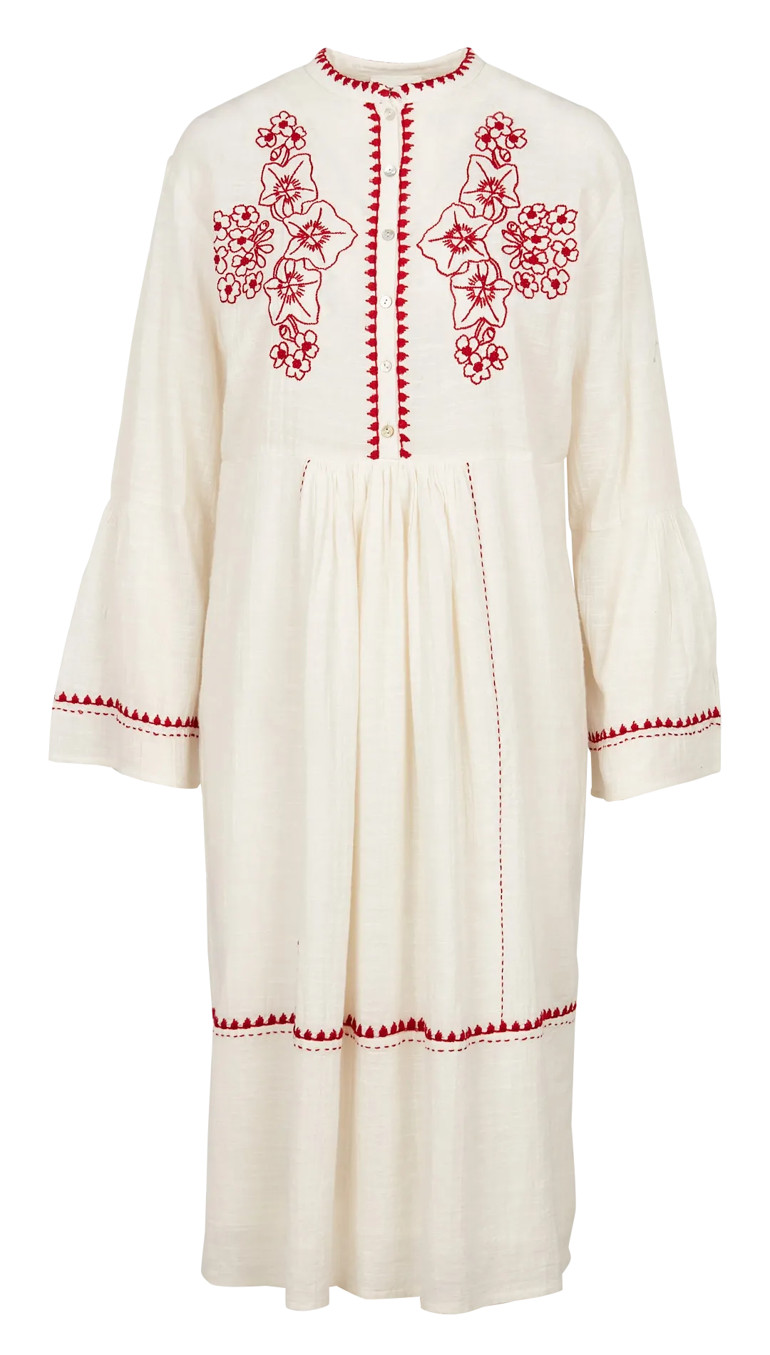 Robe midi ample brodée à col mao en coton Blanc CINDY S