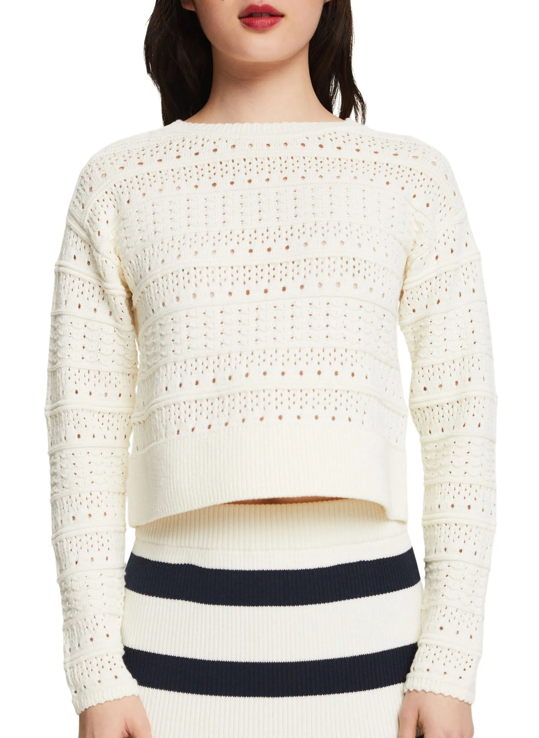 Pull col rond en maille ajourée de coton Gris