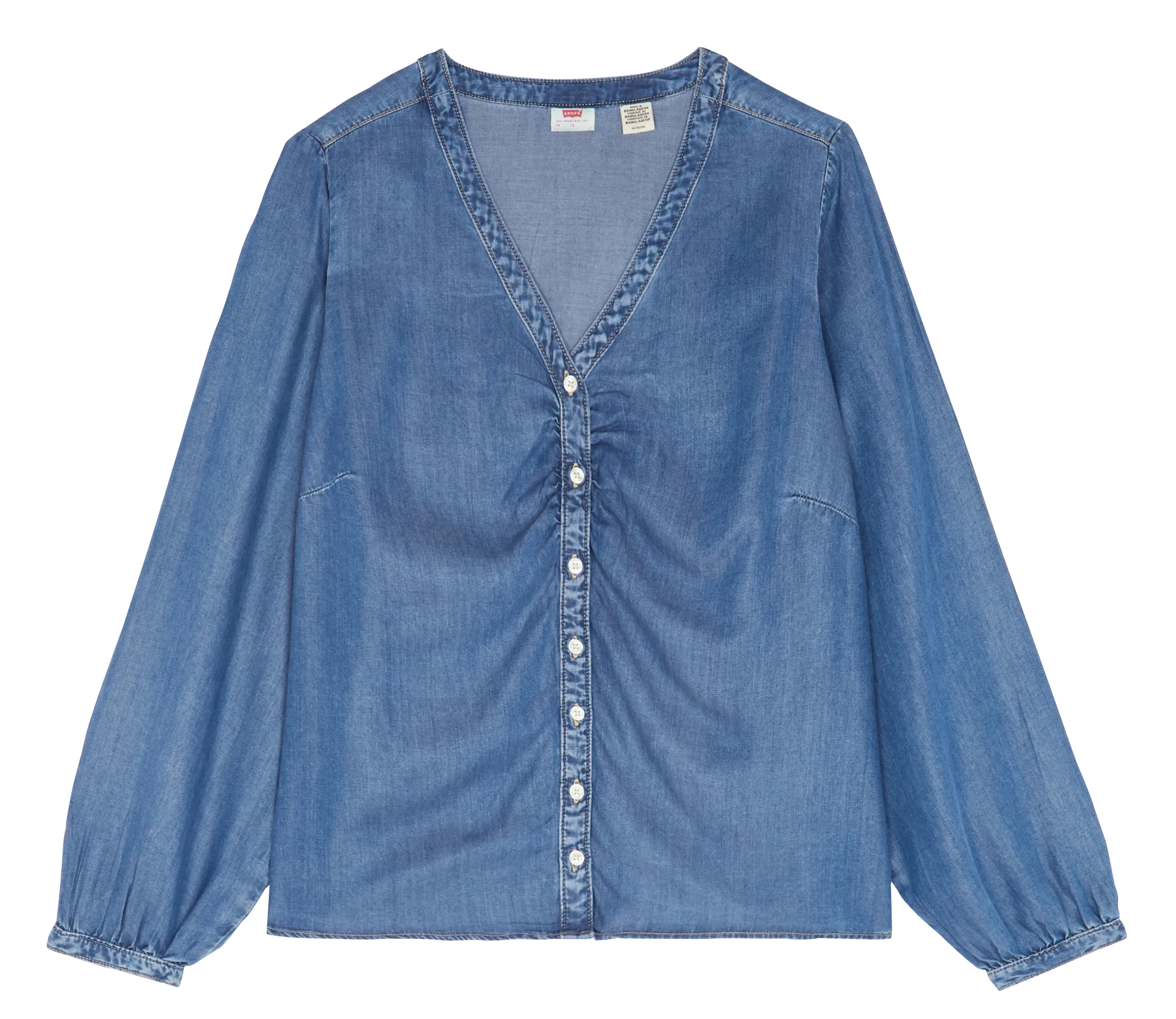 Top col V boutonné avec fronces en jean Bleu ZENDA