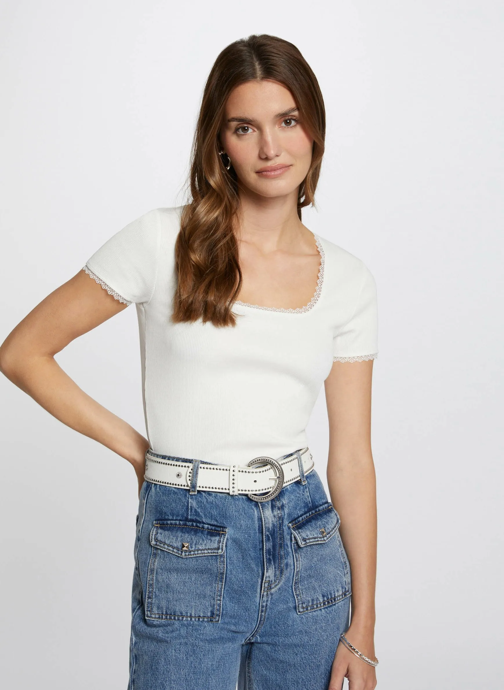 Tee-shirt dentelle en coton mélangé Beige 232-DLUBI