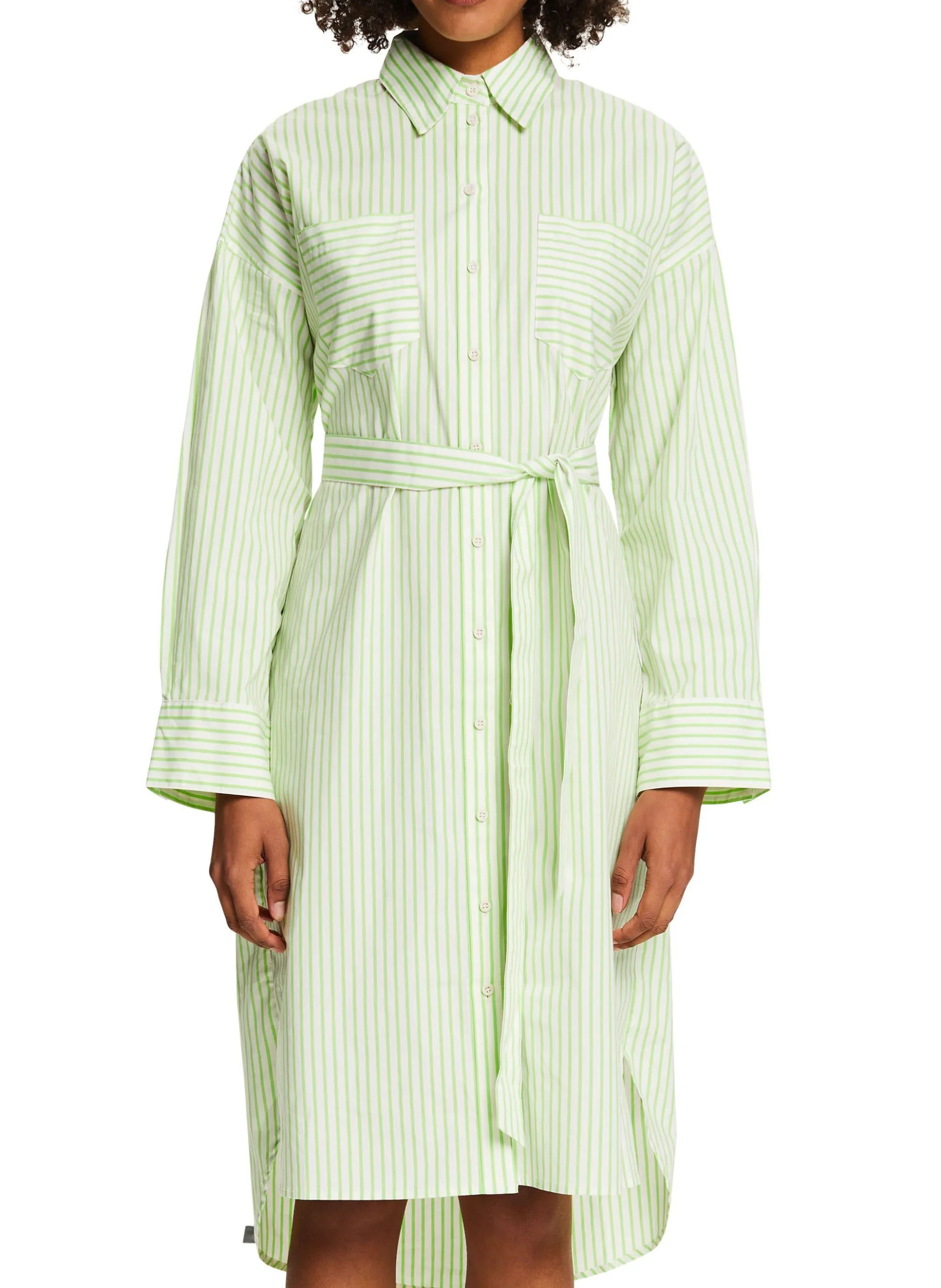 Robe midi col classique rayée en coton mélangé Vert