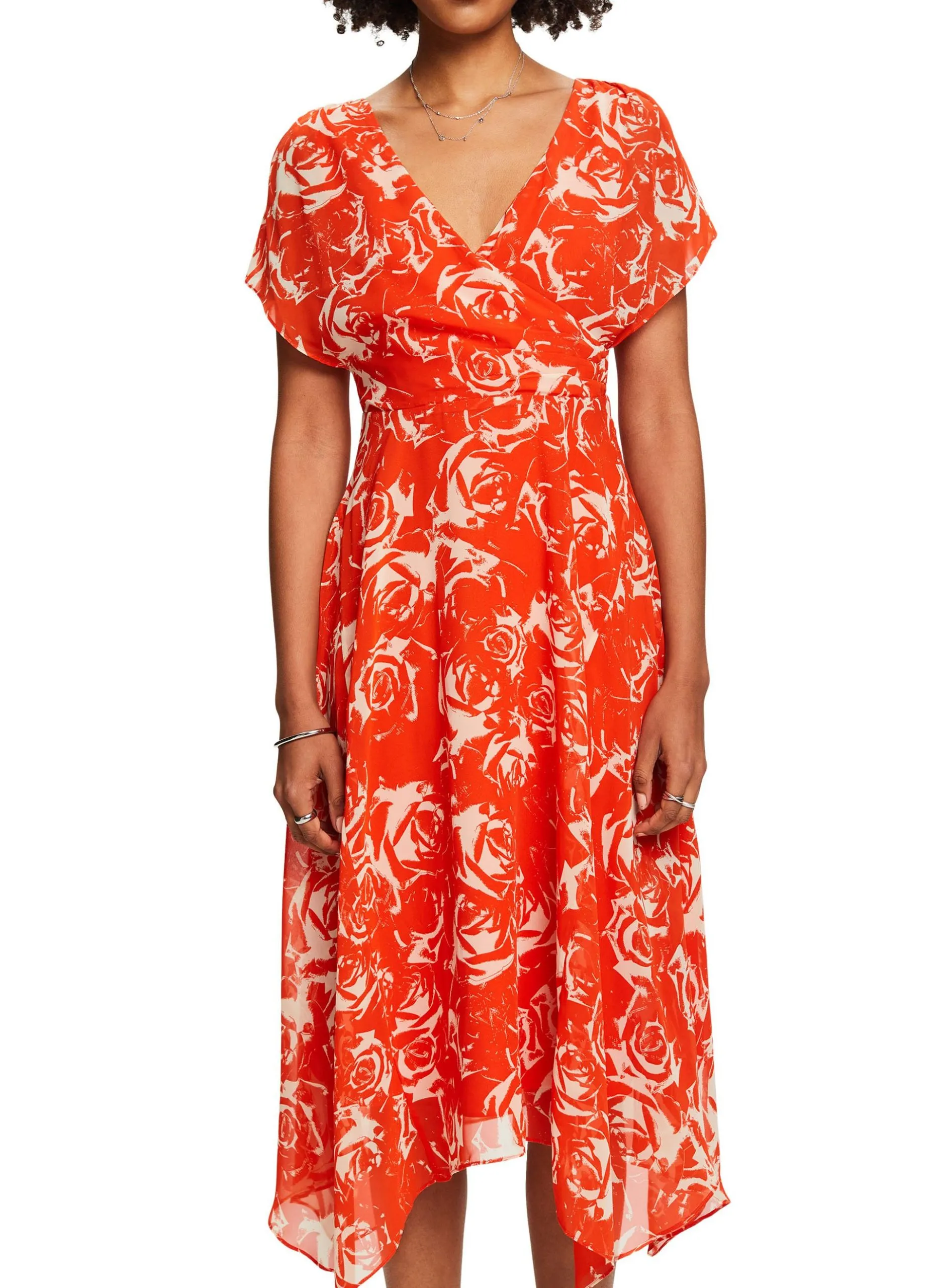Robe midi col V imprimée Orange