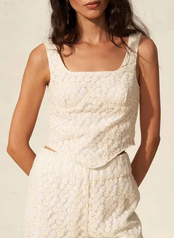 Top court droit col carré en coton mélangé Beige PERSE