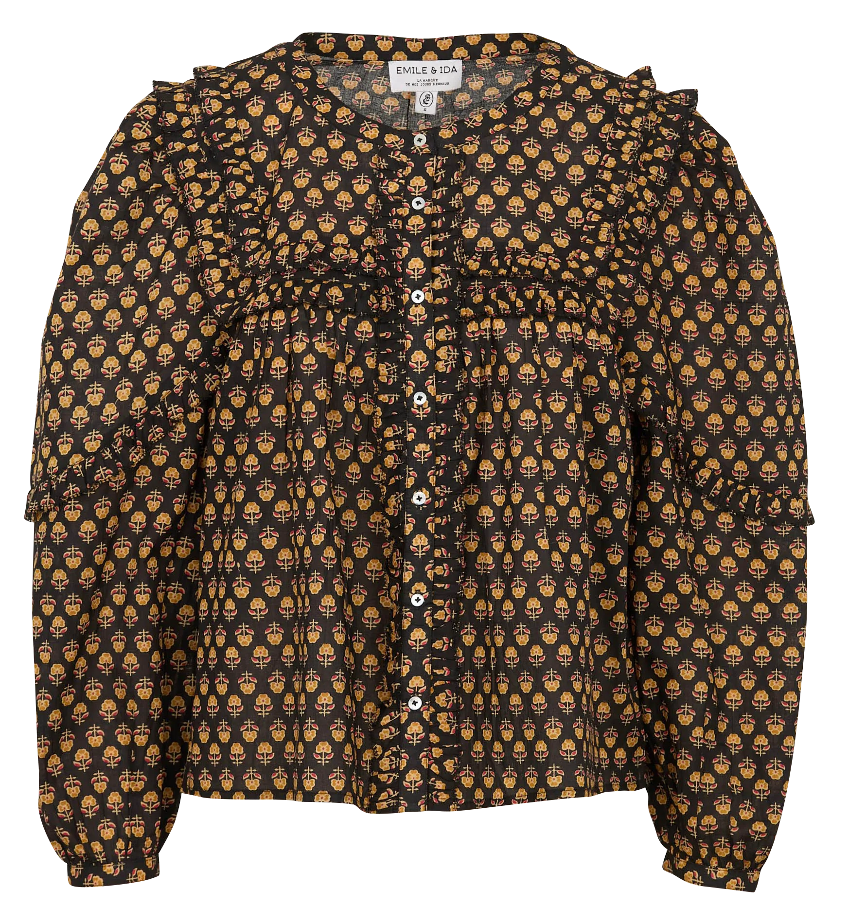 Top col rond à imprimé fleuri en coton Noir ANGELINA