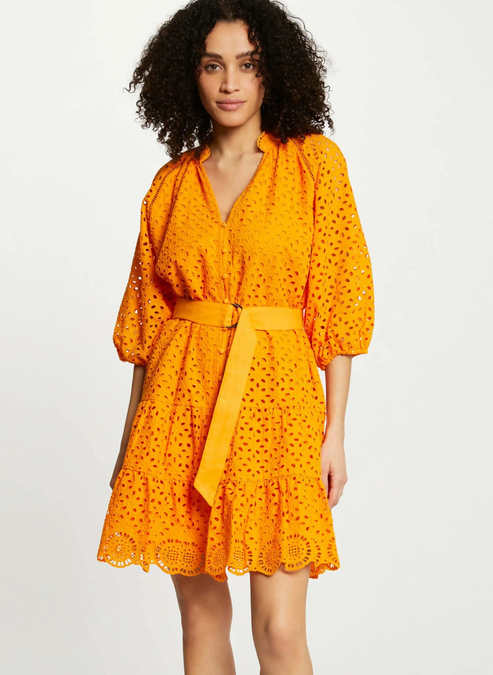 Robe courte trapèze brodée en coton Orange 241-RFLAM
