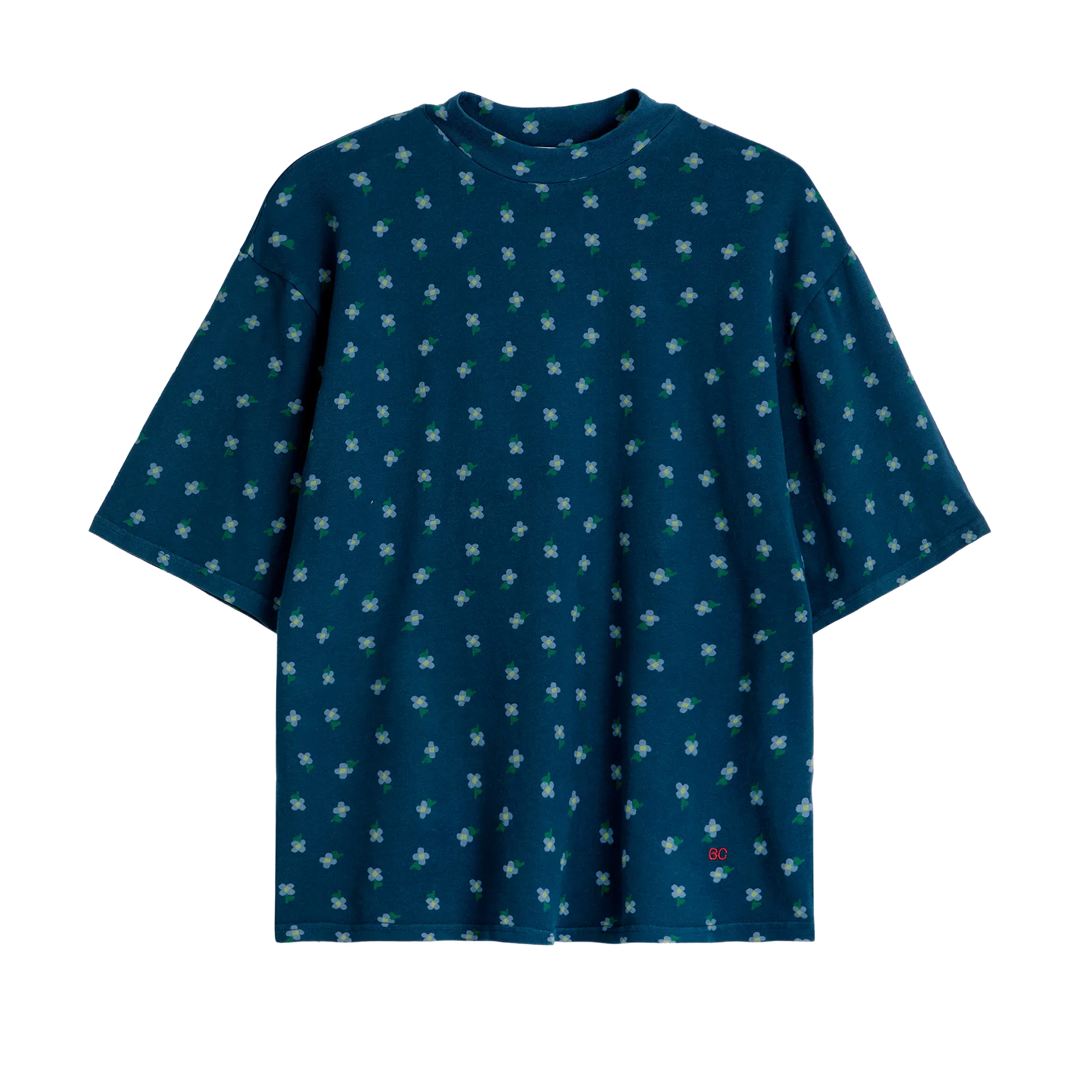 Tee-shirt col rond à imprimé fleuri en coton Bleu