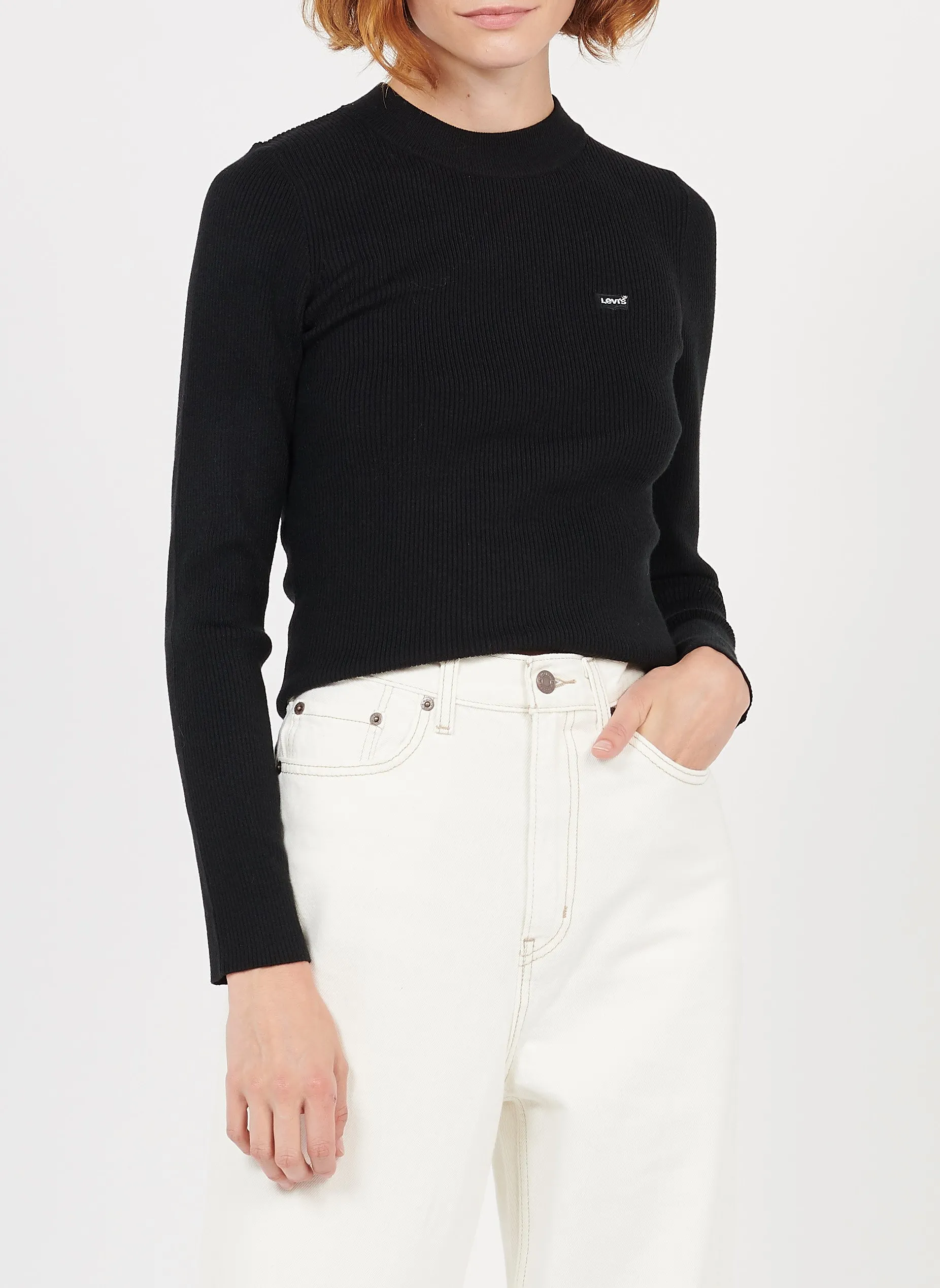 Pull col rond en maille côtelée Noir