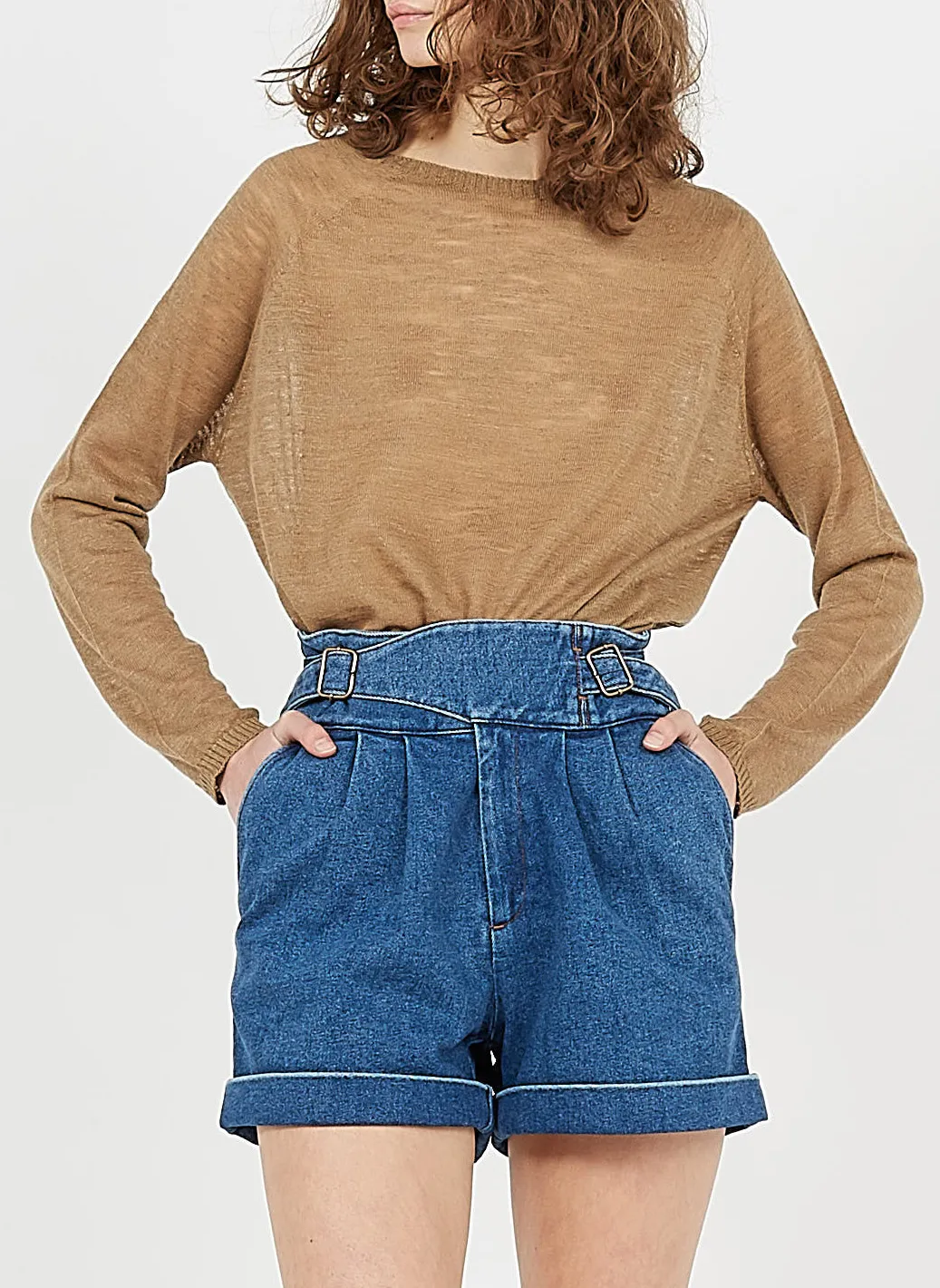 Pull col rond tricolore en lin mélangé Beige RIO