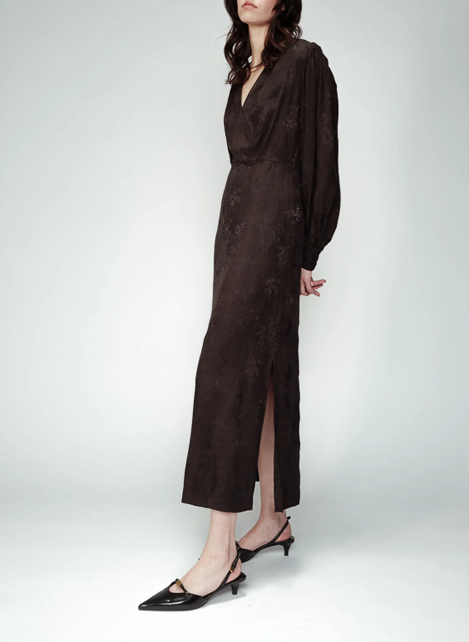 Robe longue col V aspect jacquard Noir OLSEN