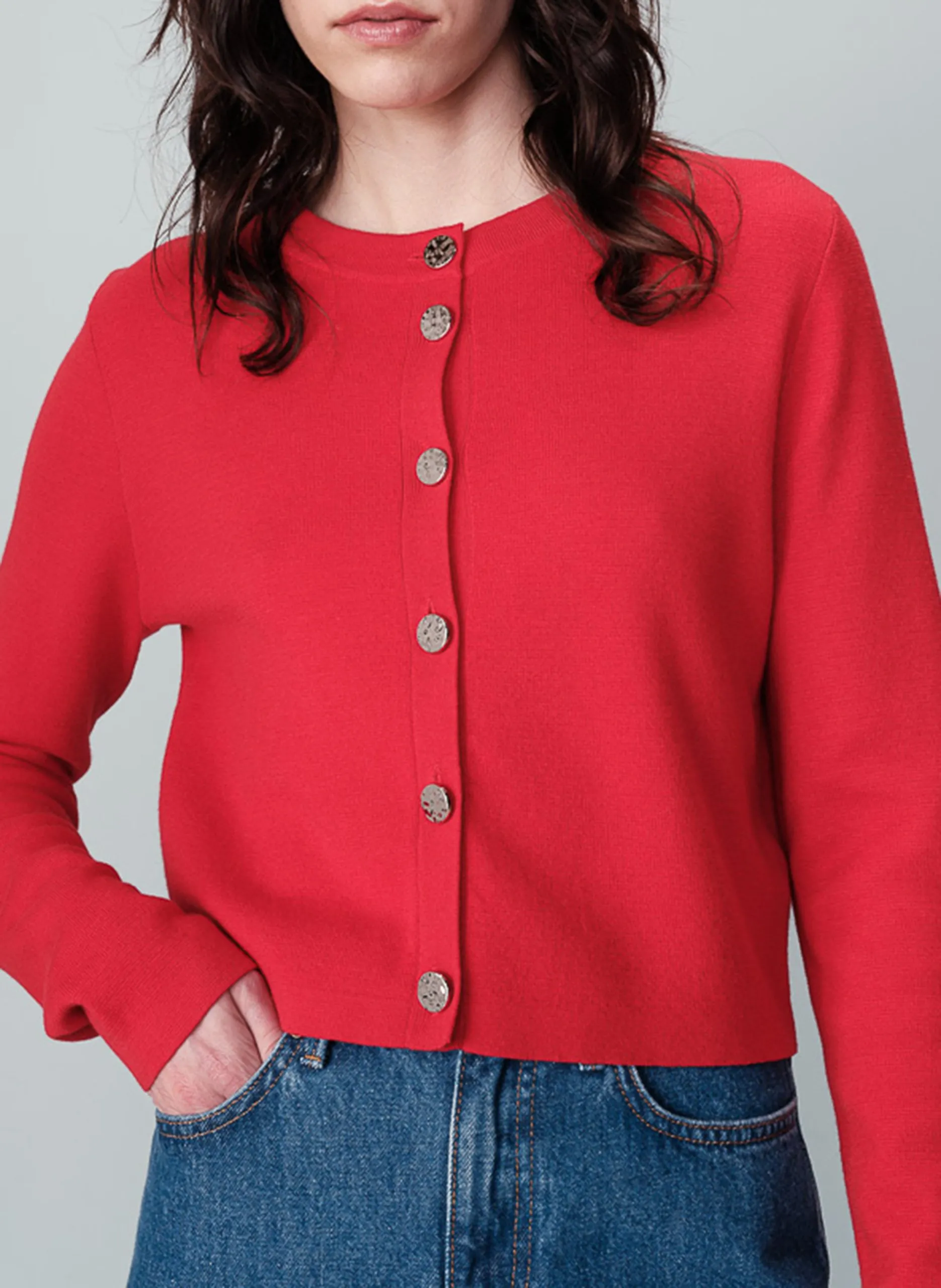 Cardigan col rond droit en maille Rouge NABEL