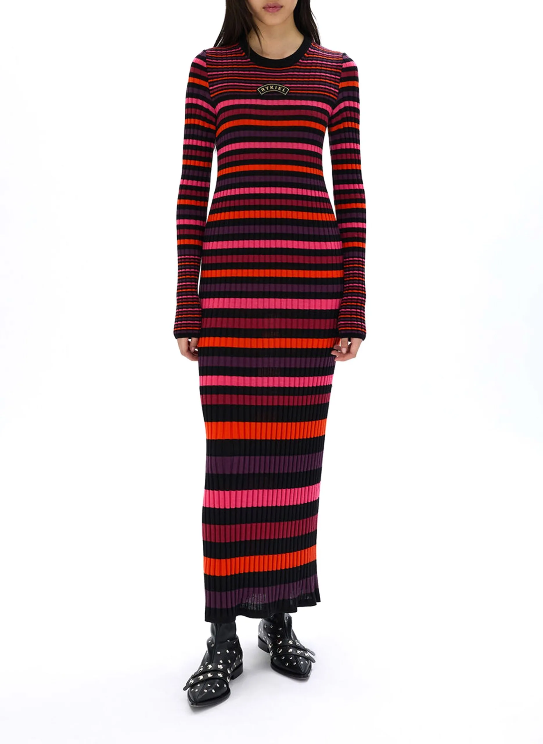 Robe longue col rond en laine Multicolore