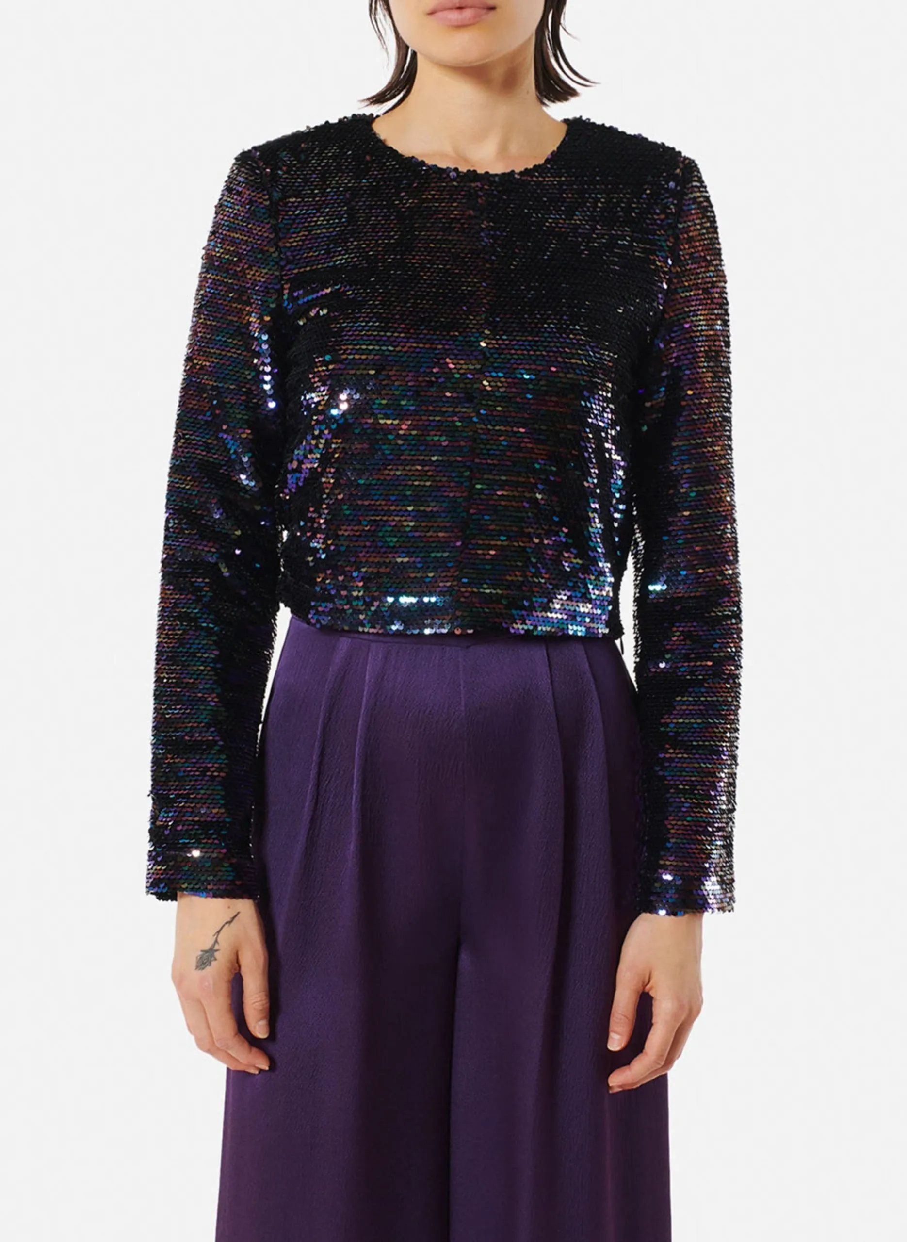 Top droit col rond à sequins Marron ABBA 2