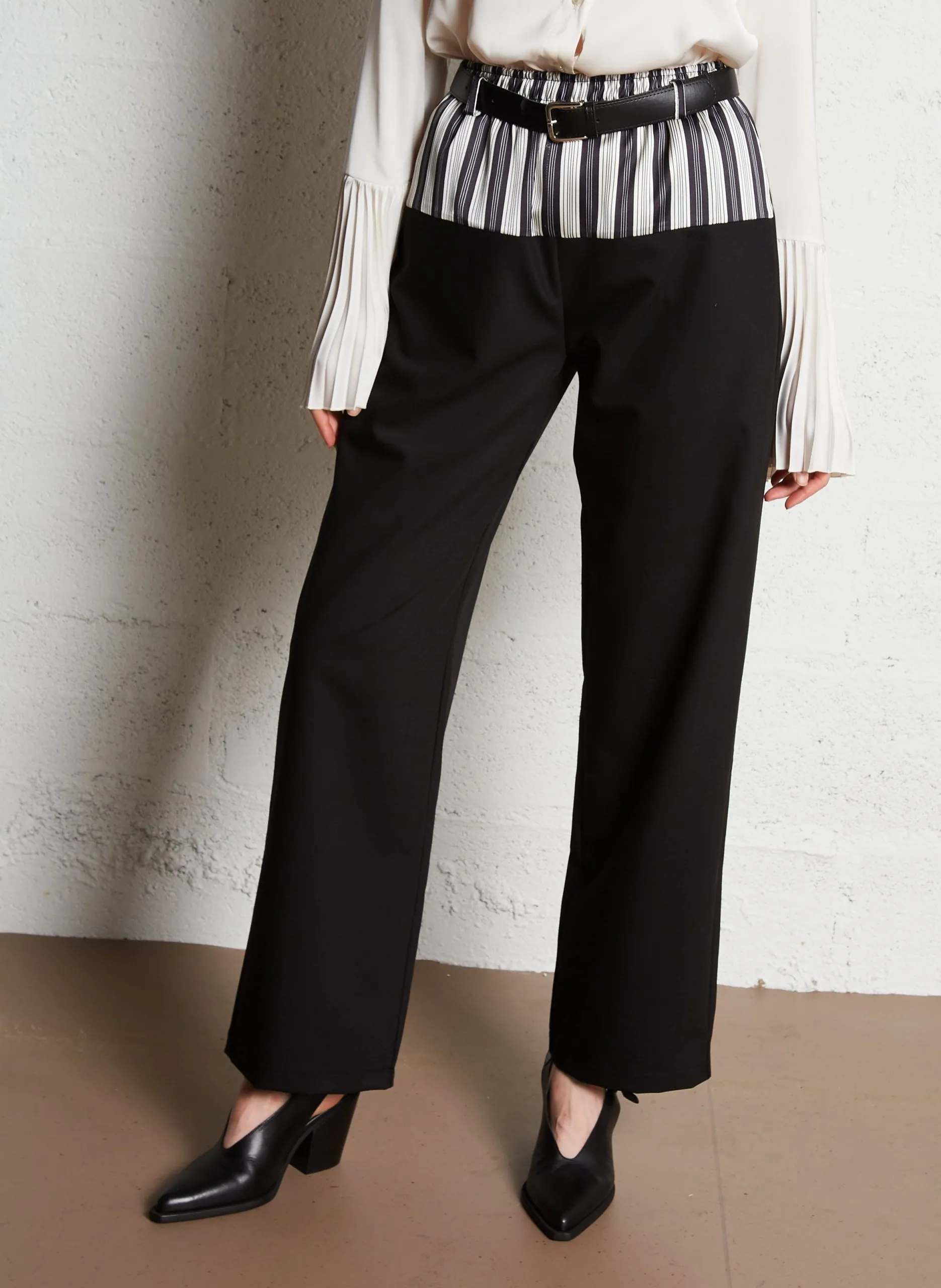 Pantalon large rayé à ceinture Noir