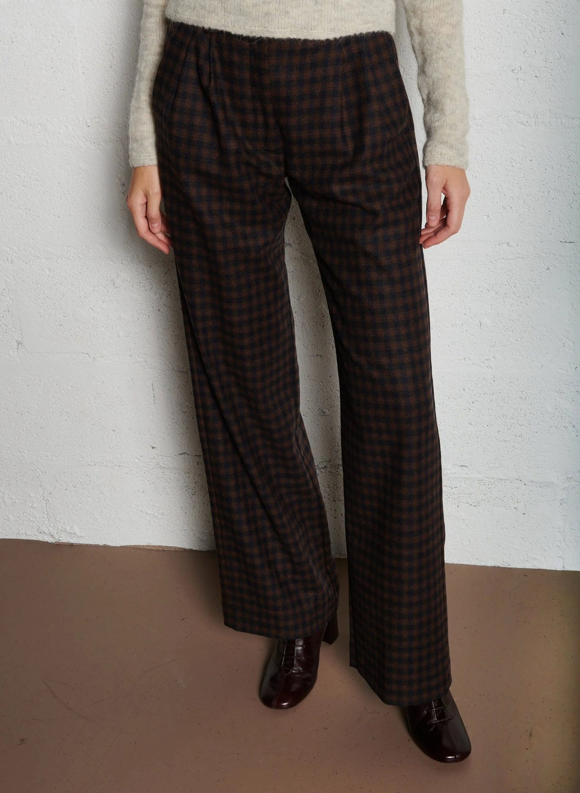 Pantalon large en laine mélangée Marron PANACHE