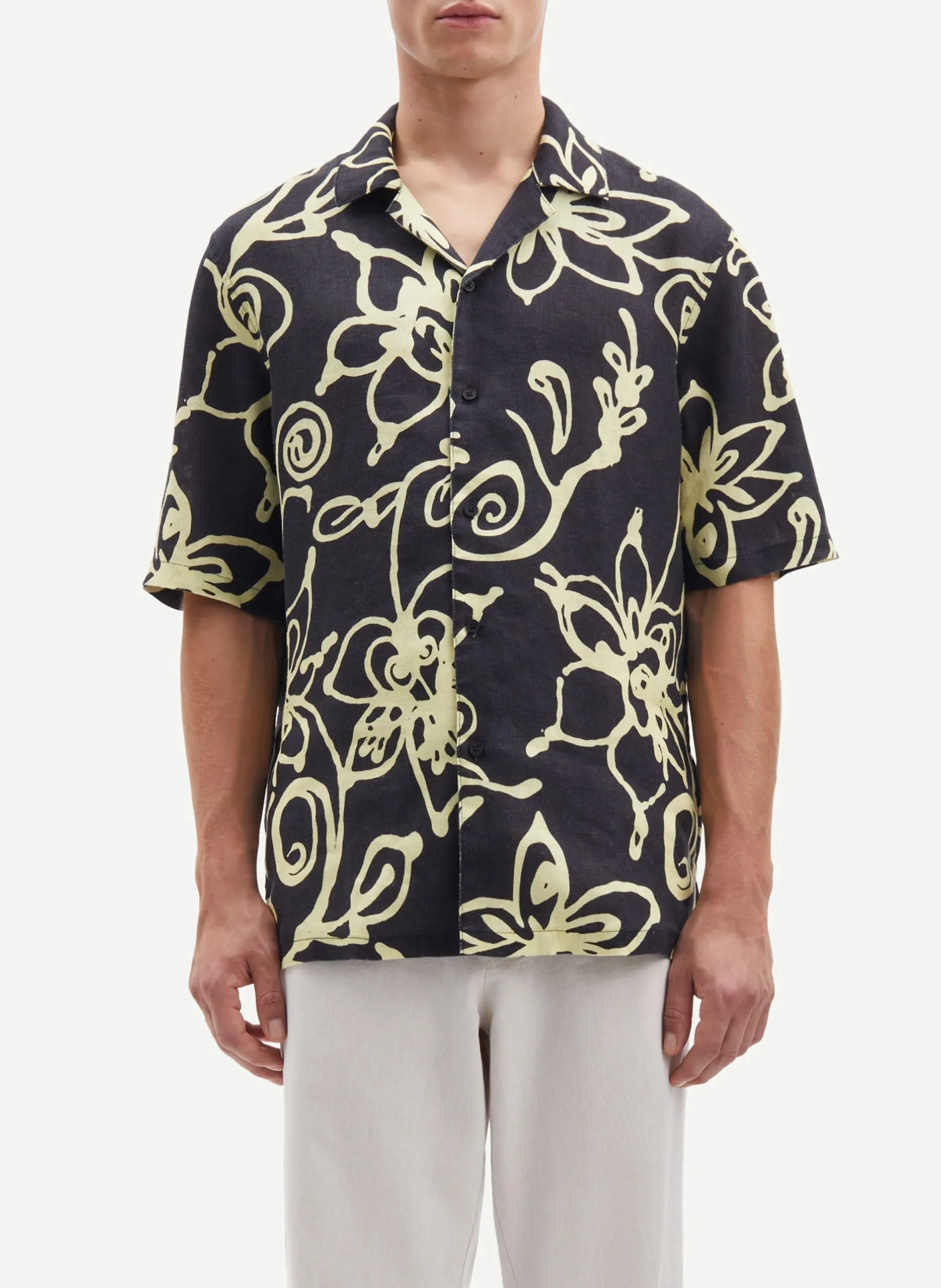 Chemise ample col à revers en lin imprimé Noir OSCAR