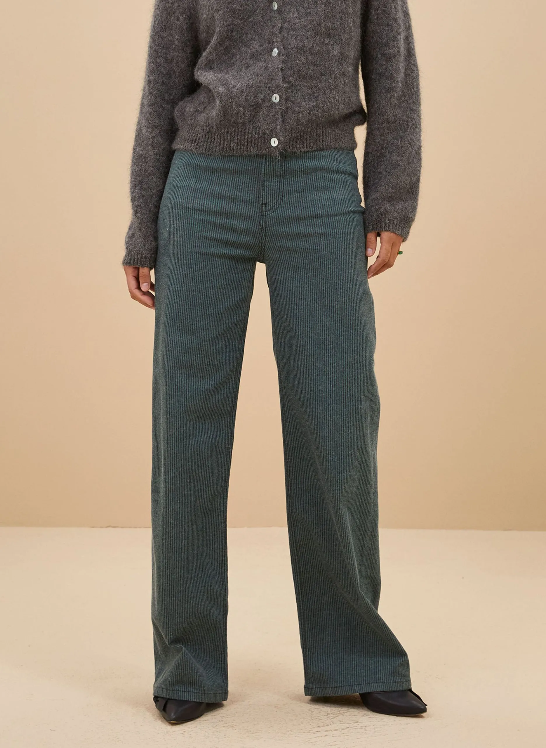 Pantalon large rayé en coton mélangé Vert LINA