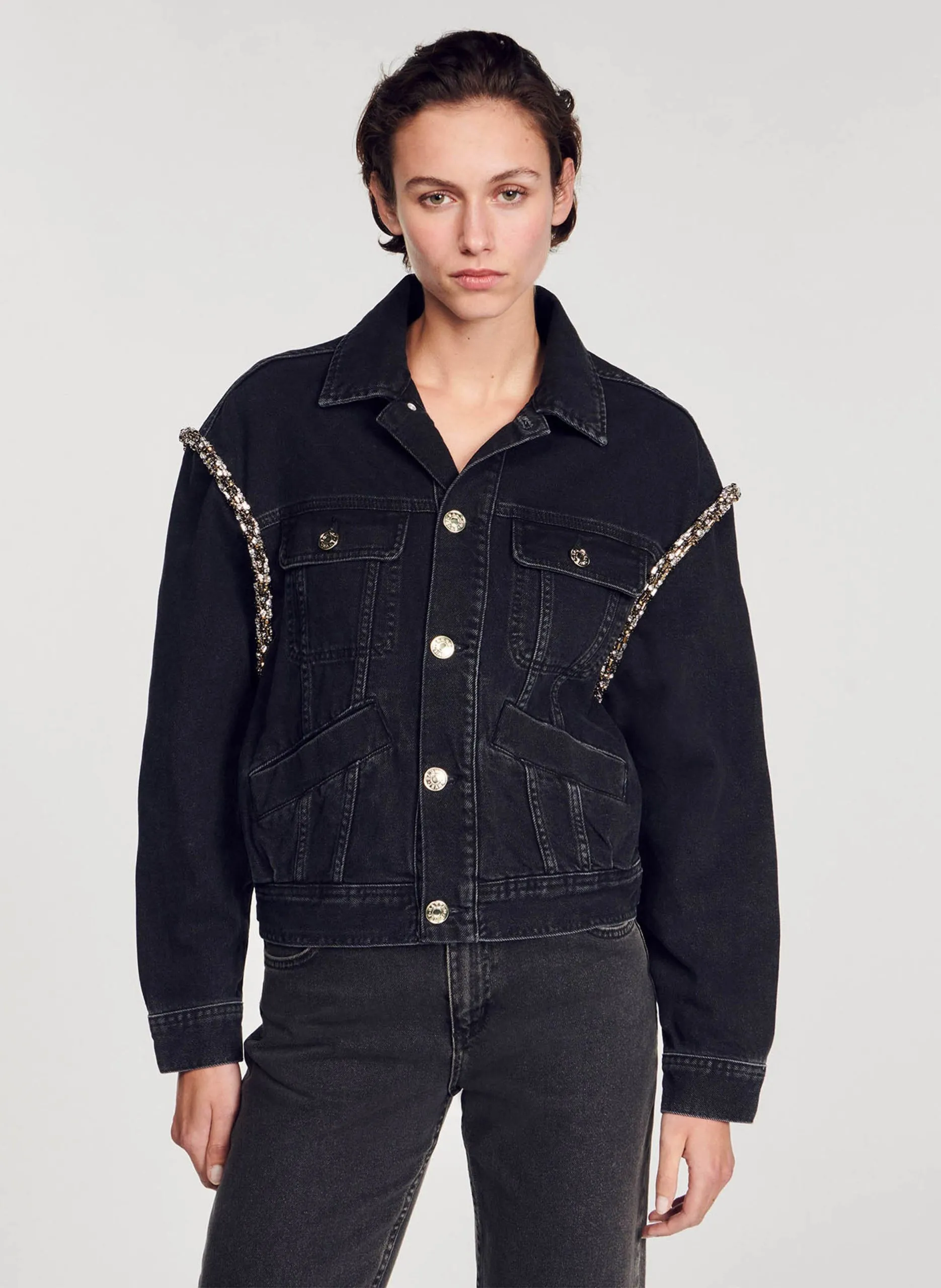 Veste en jean col classique avec strass Noir