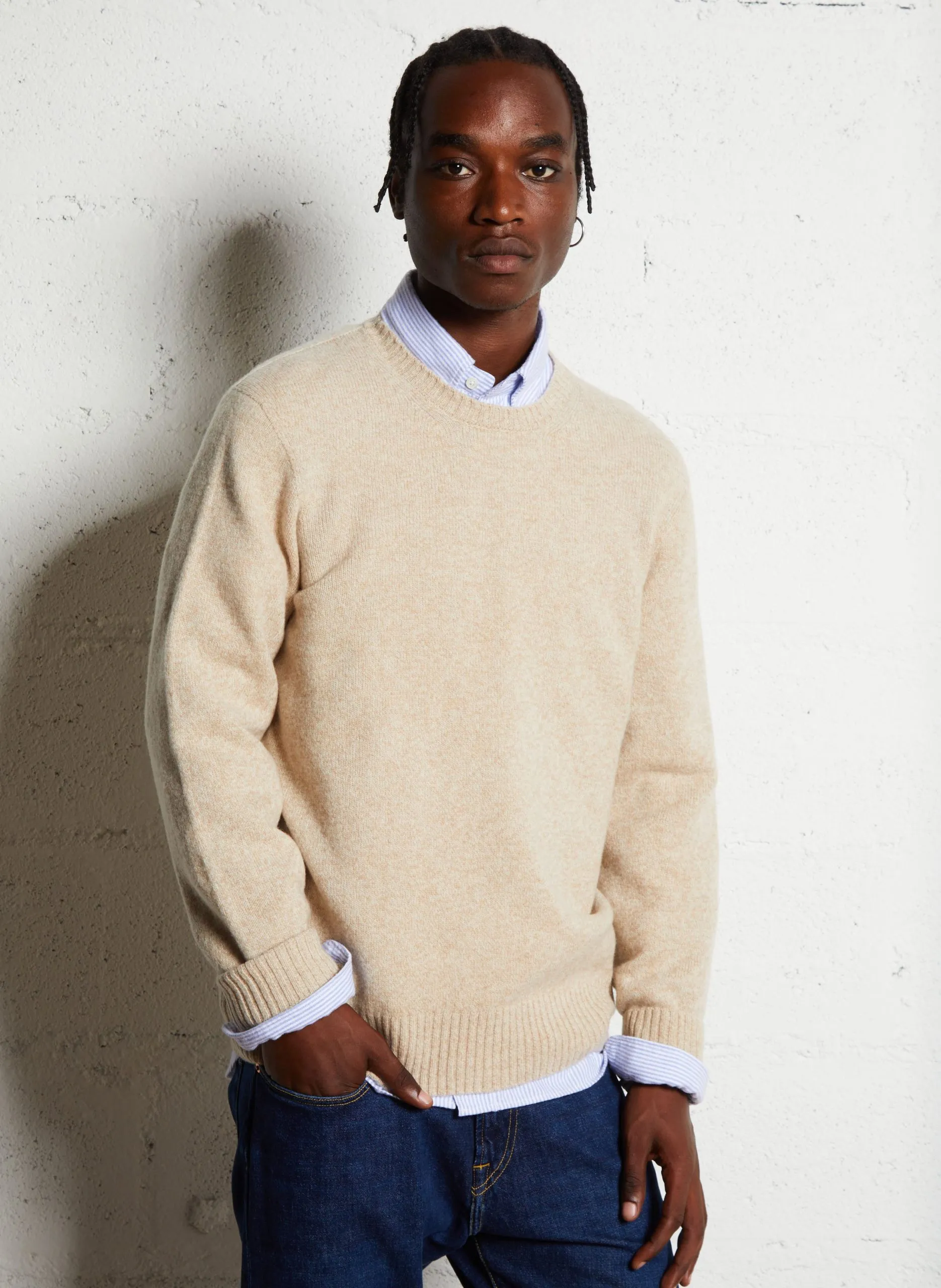 Pull col rond droit en laine Beige