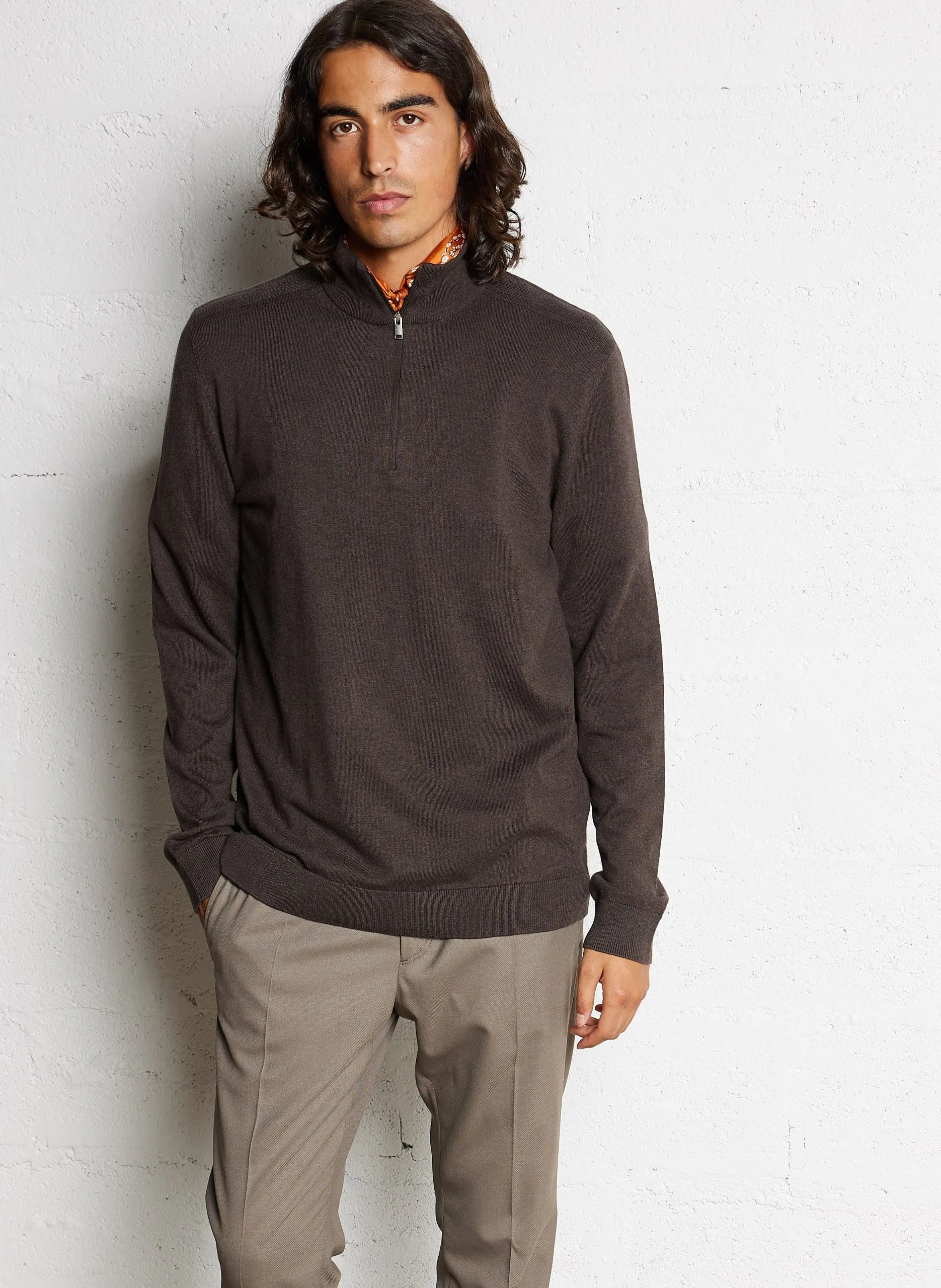 Pull col montant zippé regular-fit en coton Marron BERG