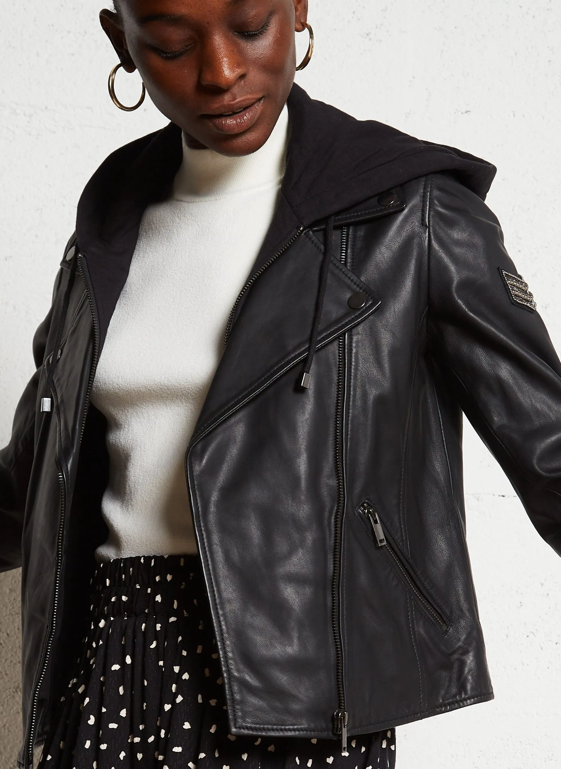 Blouson à capuche en cuir Noir