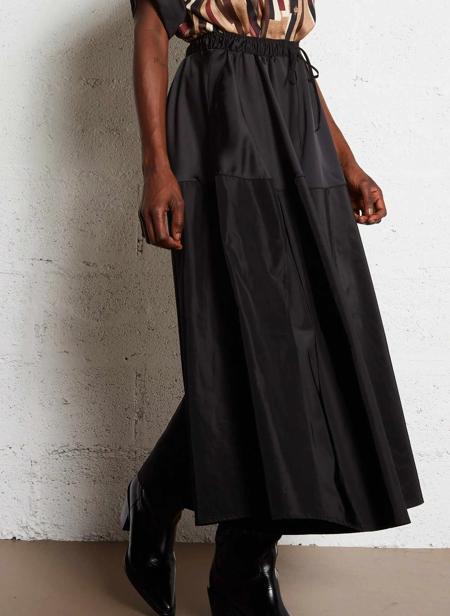 Jupe midi évasée bi matière Noir