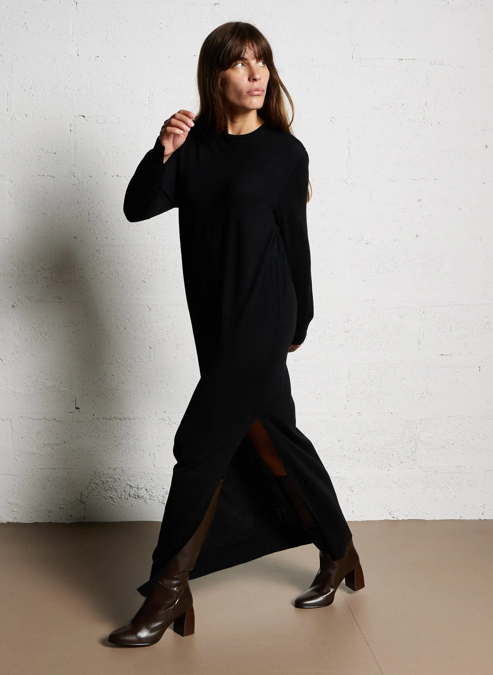 Robe longue col rond en laine Noir CANAL