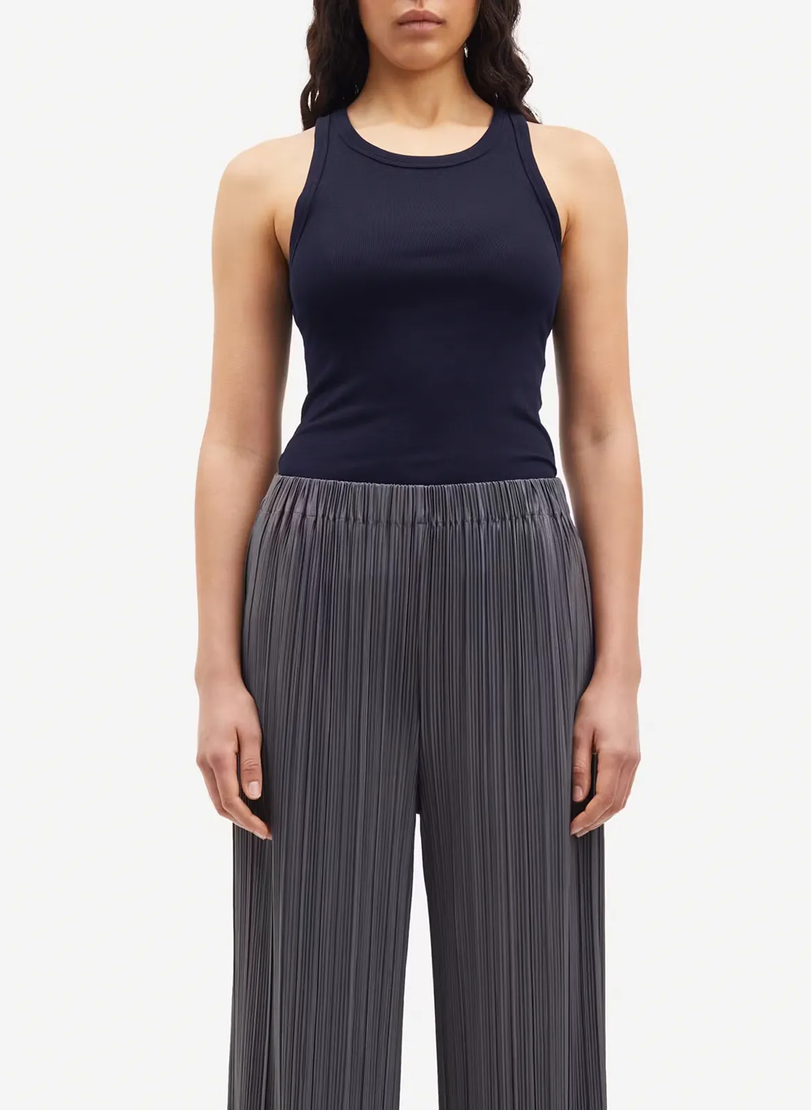 Débardeur col rond côtelé en coton bio Bleu ALEXO