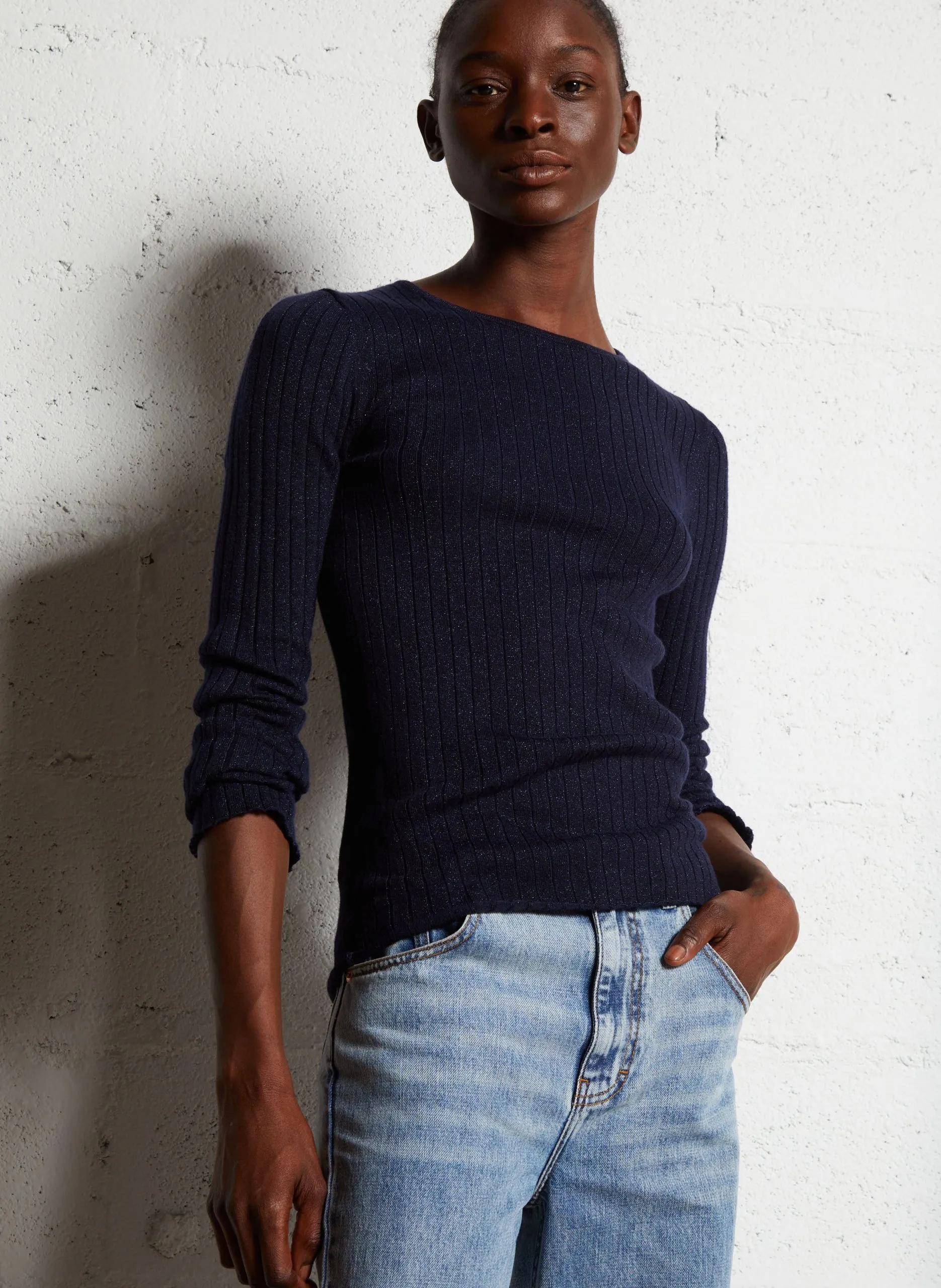 Pull cintré col rond en maille métallisée Bleu