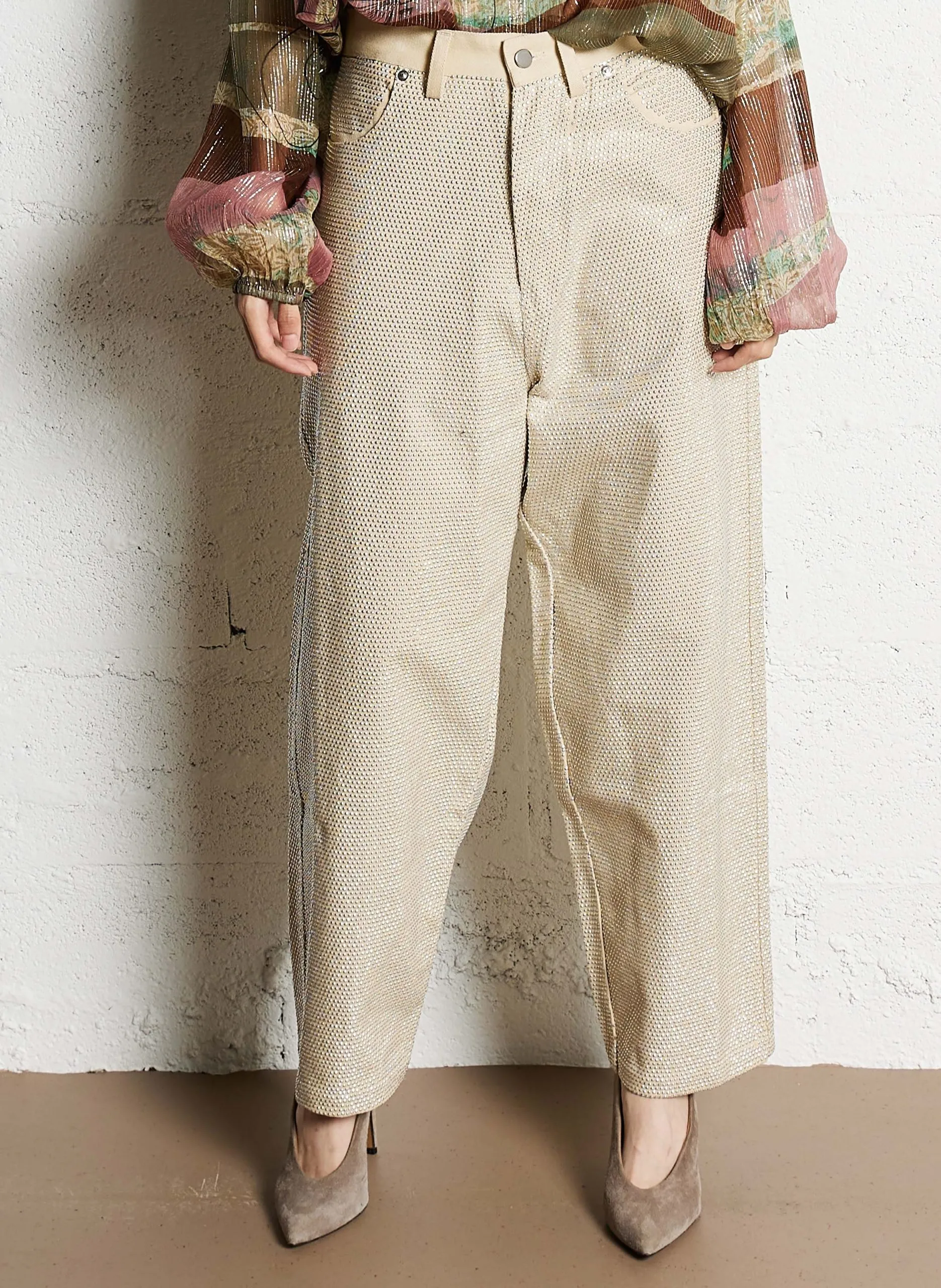 Pantalon large denim et strass en coton Beige CREME